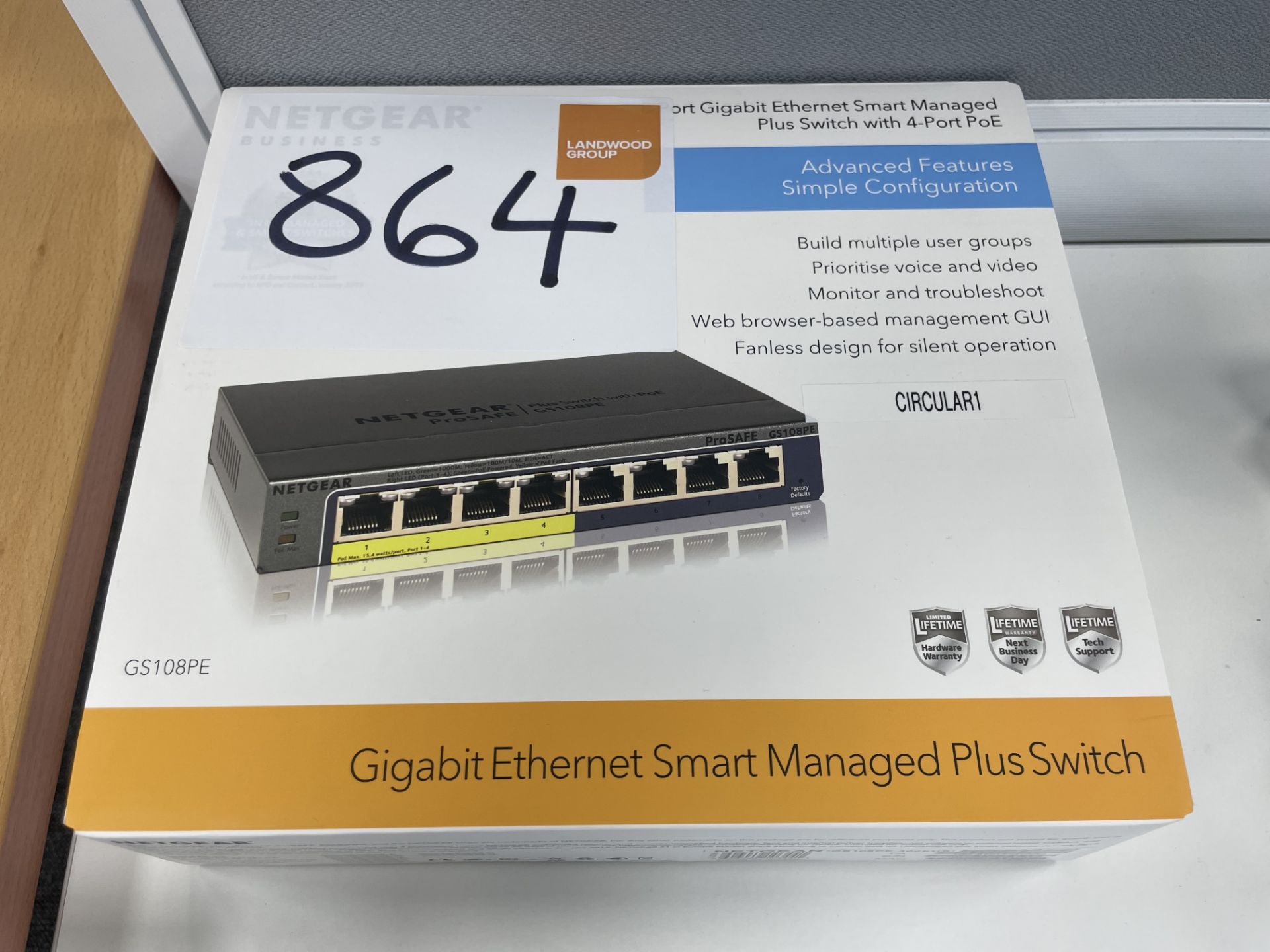 A Netgear GS108PE 8 port gigabit ethernet smart managed plus switch (boxed as new).