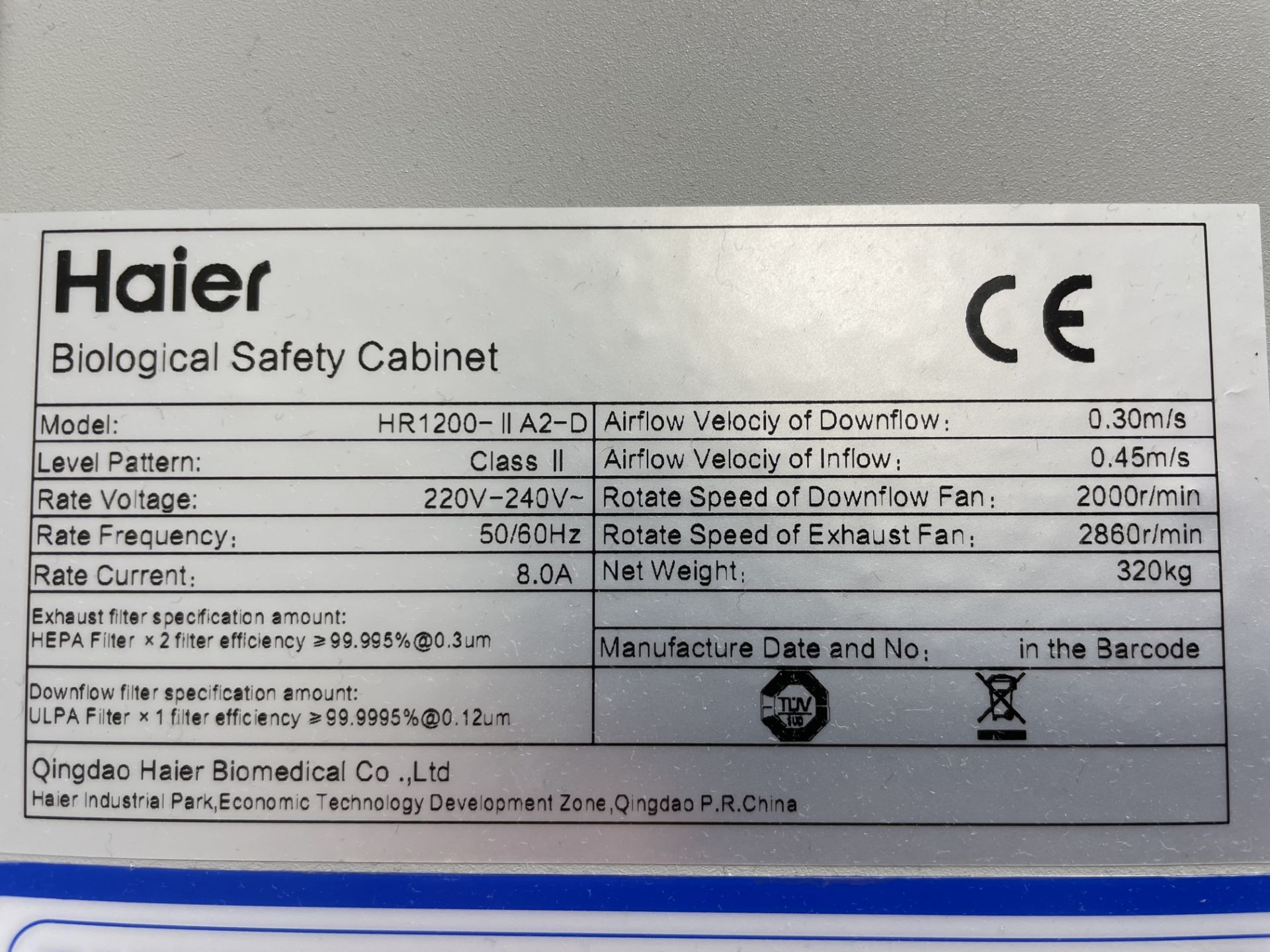 A Haier Biomedical HR 1200-II A2-D biological safety cabinet on mobile stand no: B60GG 3EB20 D0HL3 - Image 3 of 3