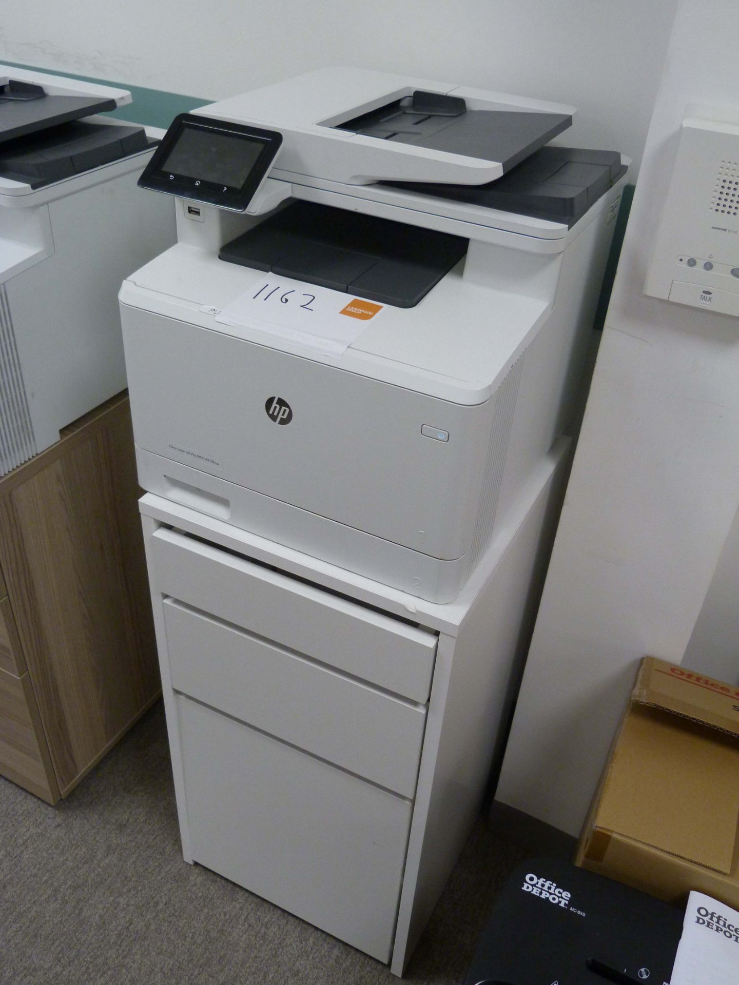 A HP Office LaserJet Pro MFP479dw Multi Function Printer with 3 drawer pedestal.