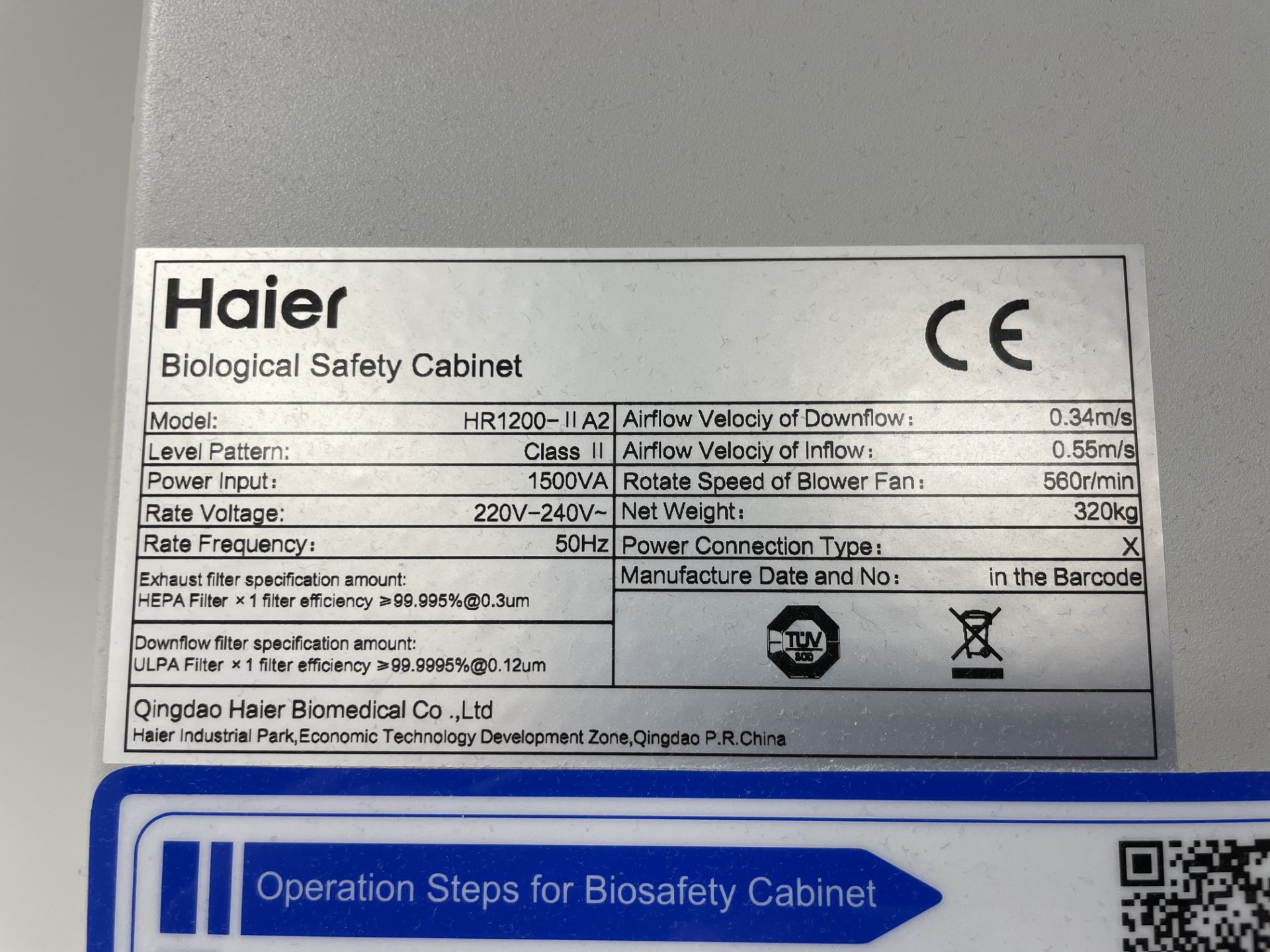 A Haier Biomedical HR1200-IIA2 biological safety cabinet on mobile stand no: BE0GG 1EB20 0QHLB 50007 - Image 2 of 3