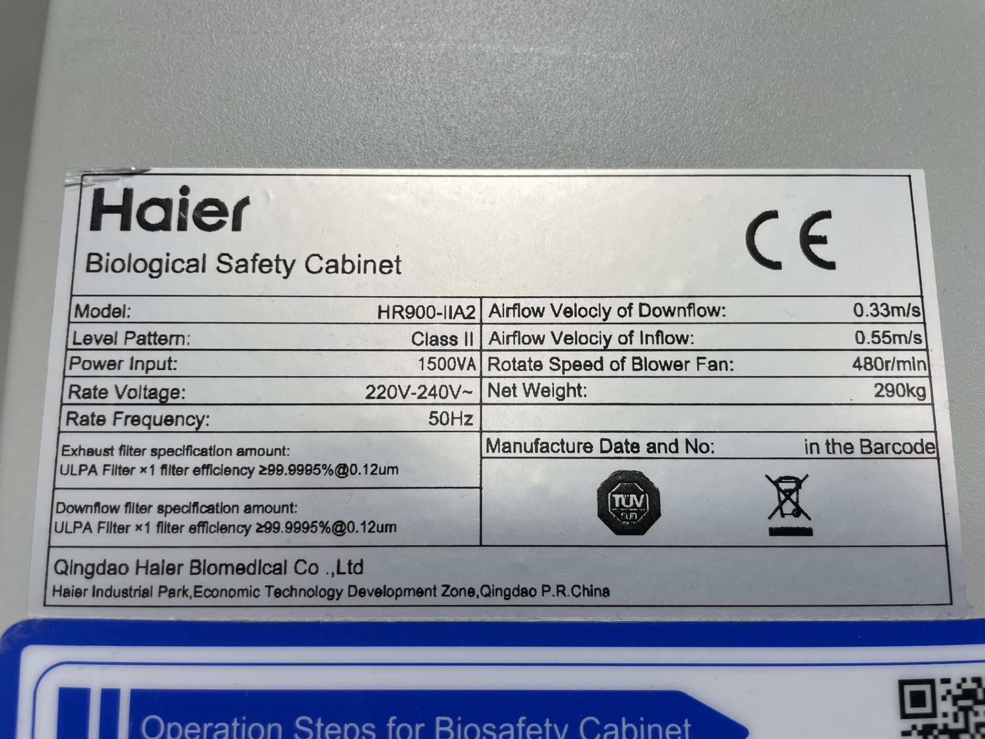 A Haier Biomedical HR900-IIA2 biological safety cabinet on mobile stand no: BE0GG 0EB20 0QHL9 - Image 2 of 3