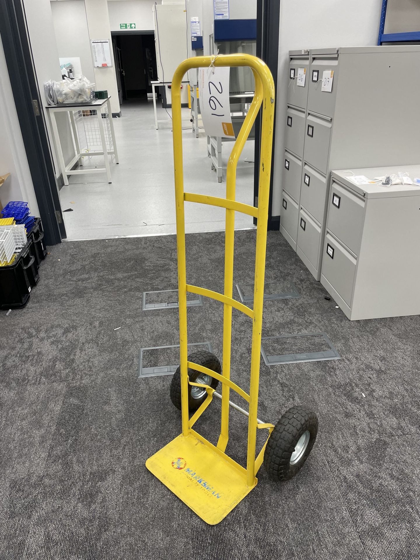 A Marksman sack truck with pneumatic tyres.