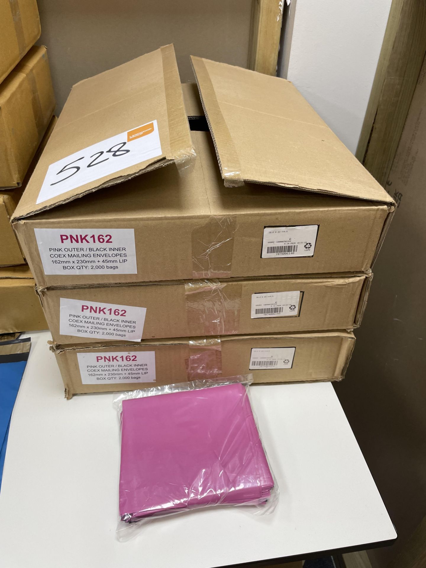 3 boxes of 2000 PNK 162 pink outer/black inner Coex mailing bags, 162mm x 230cm + 45mm LIP.
