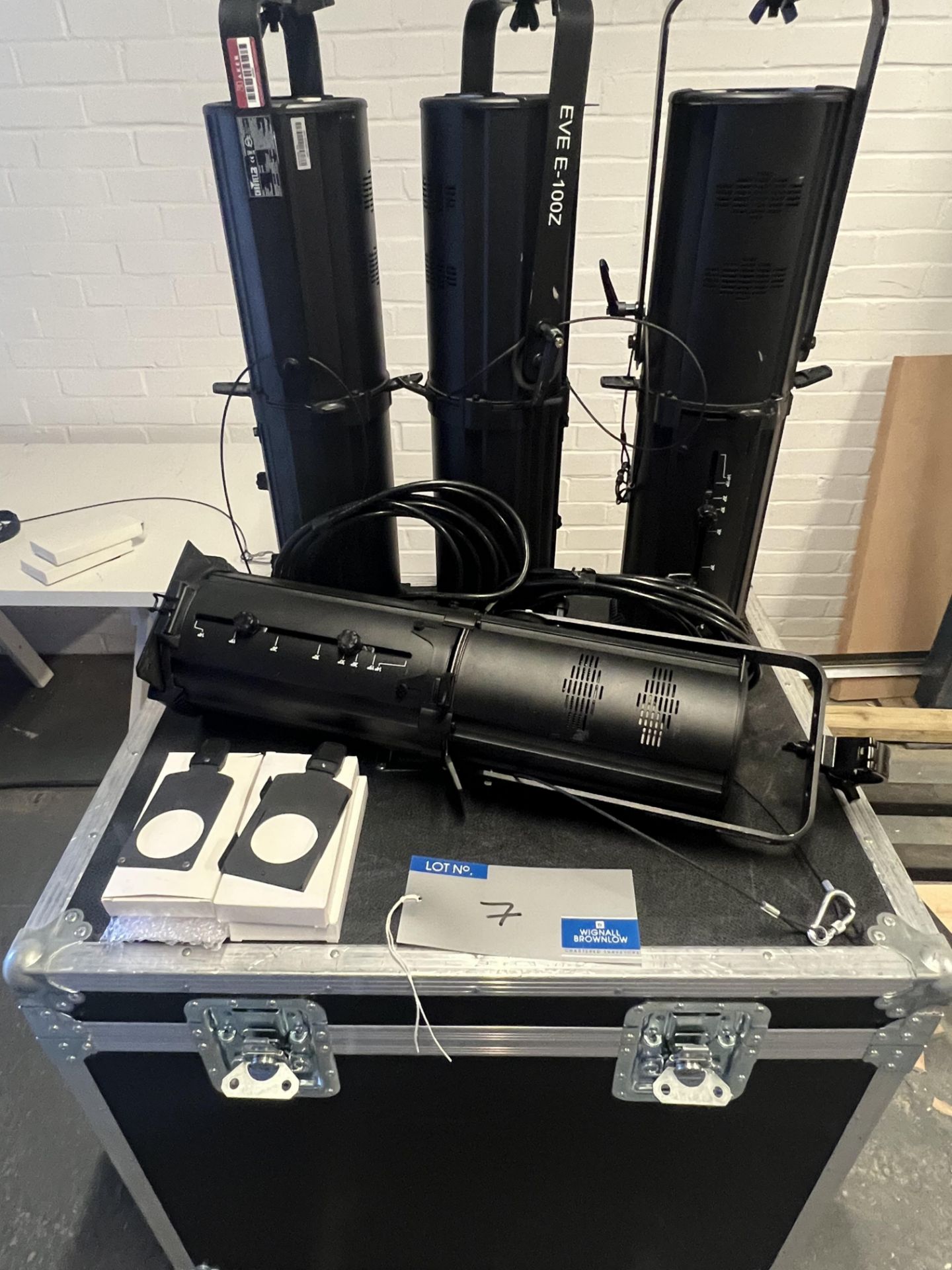 4 Chauvet EVE E-100Z Spot lights with flight case, power leads and Gobo Holders (located at Visions,