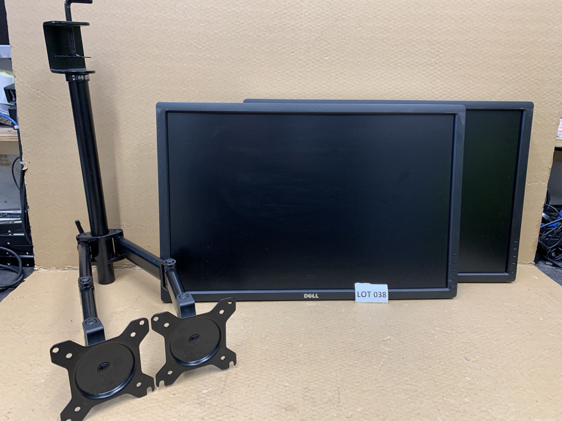 2 Dell U2412M 24in Monitors-1920x1200 resolution, DP, DVI-D and VGA with twin monitor desk mount.