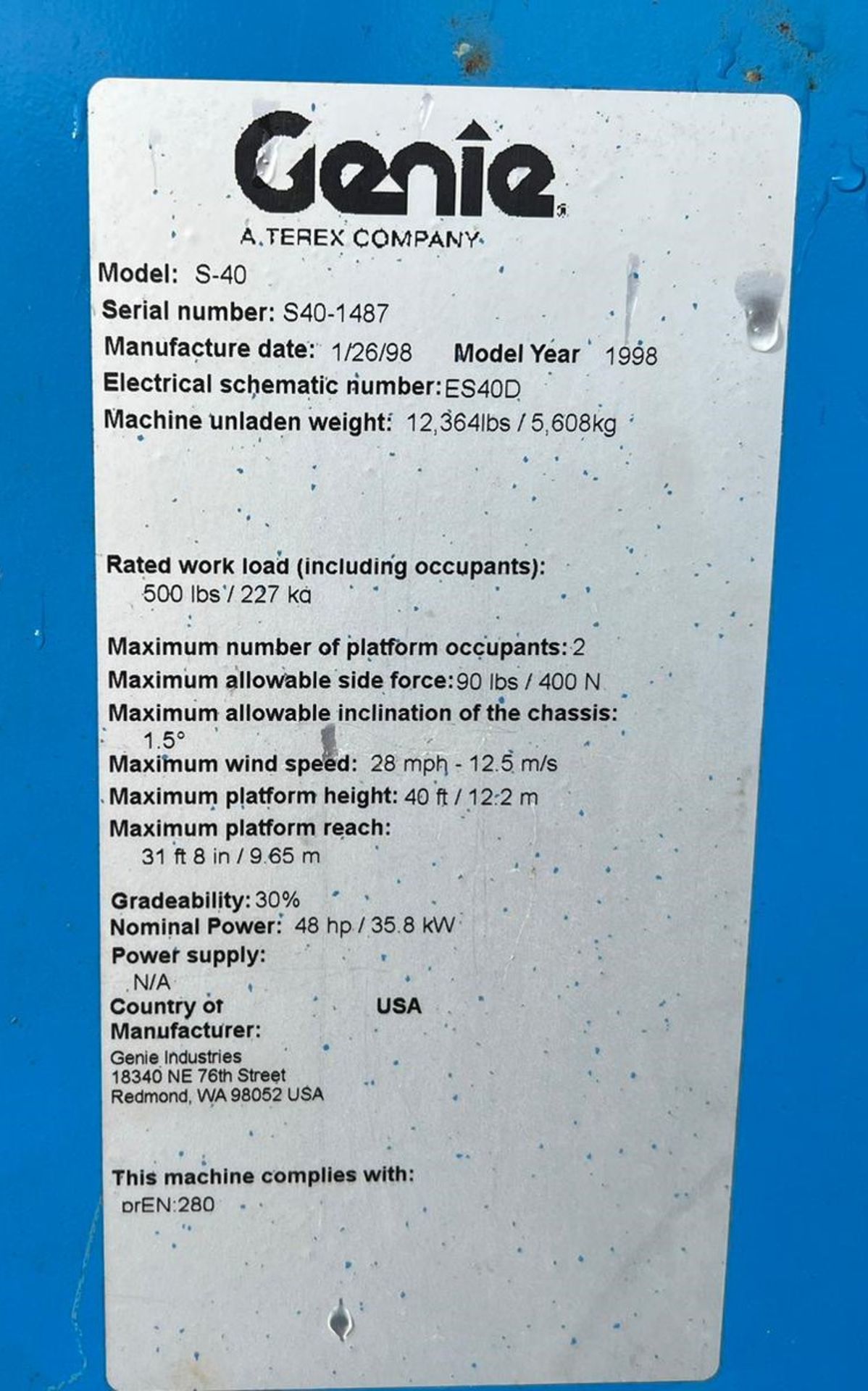 A Genie Model S-40 2WD Telescopic Boom Lift, Serial Number 1487 (1998), Diesel Engine, 227kg kift - Image 11 of 13