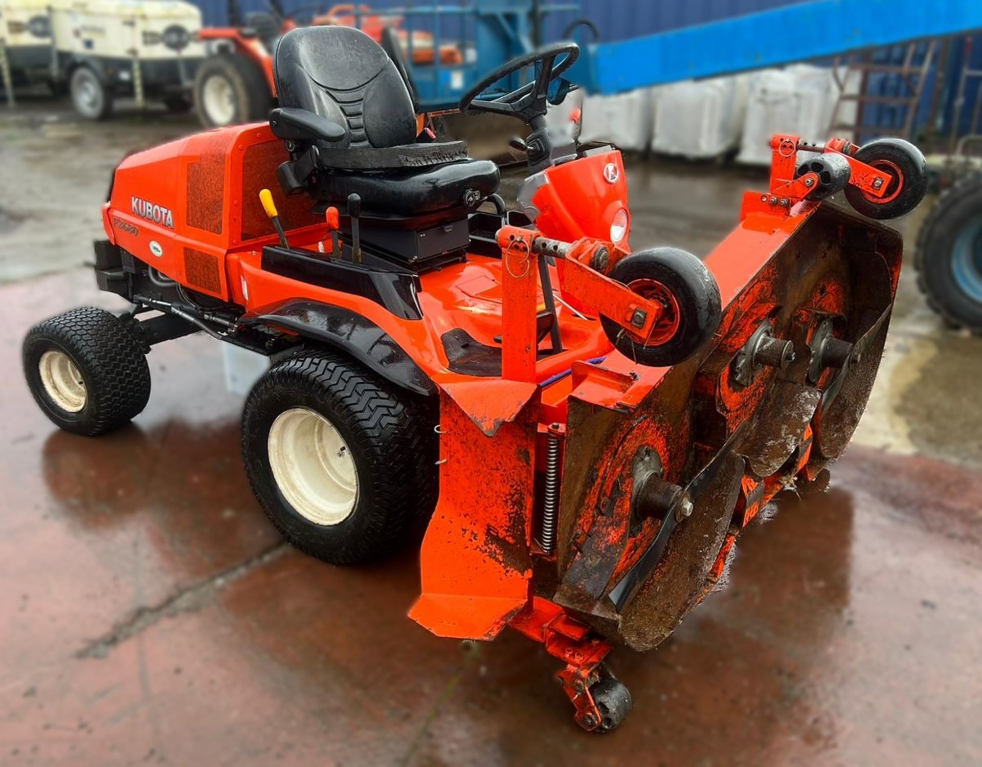A Kubota F3680-EC 4WD Ride On Mower with 3 blade Mower Deck (one blade missing) and towing hitch,