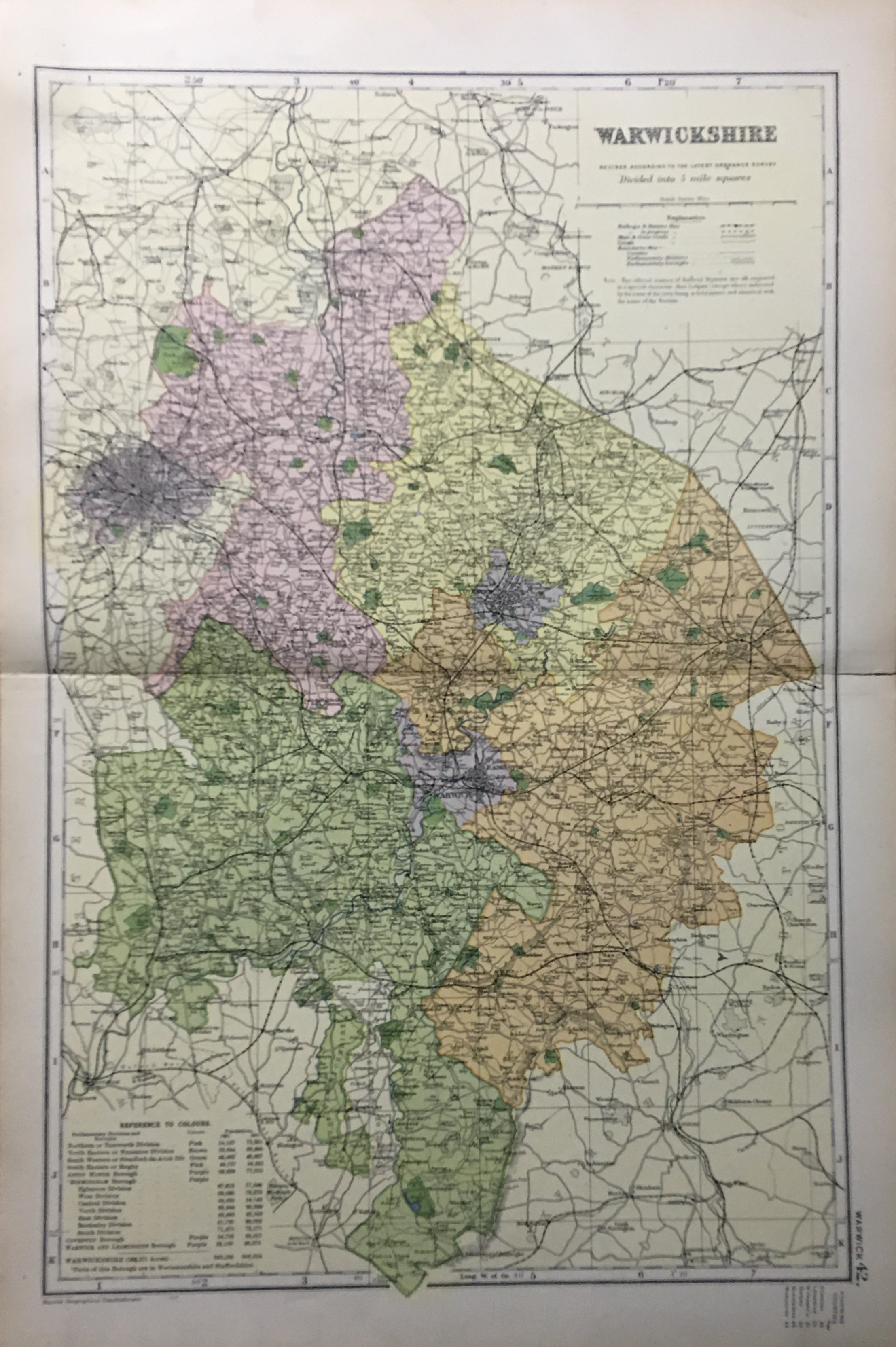 Coloured Antique Large Map Warwickshire GW Bacon 1904.