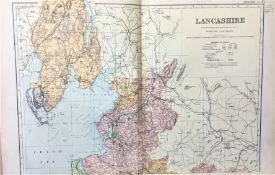 Coloured Antique Large Map Lancashire North GW Bacon 1904.