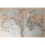 Rare Coloured Antique Large Map The World GW Bacon 1904.