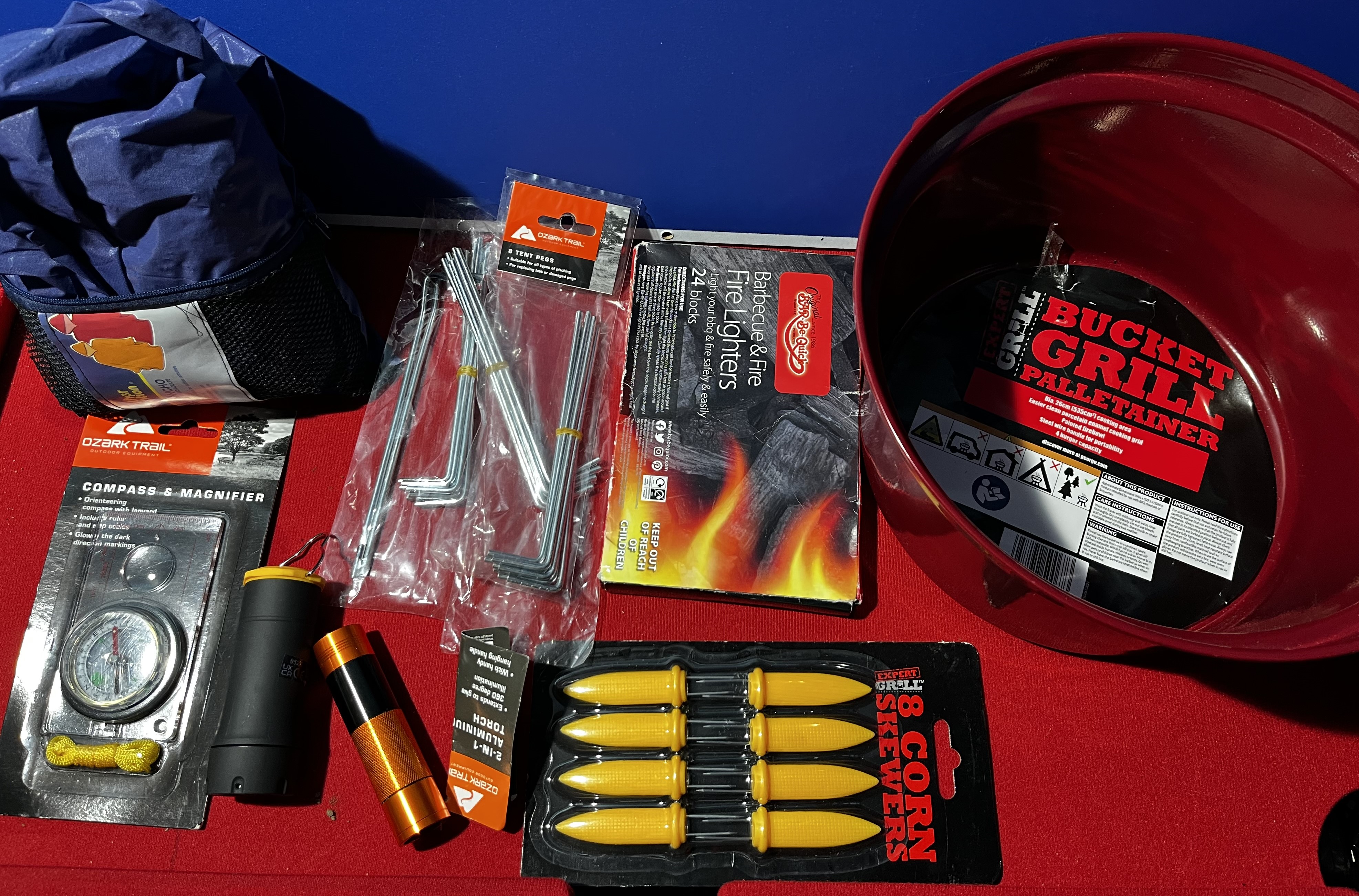 J1/D - Camping & BBQ Accessories, Grill Bucket, Corn Skewers, Tent Pags, Compass, Torches + Rainm...