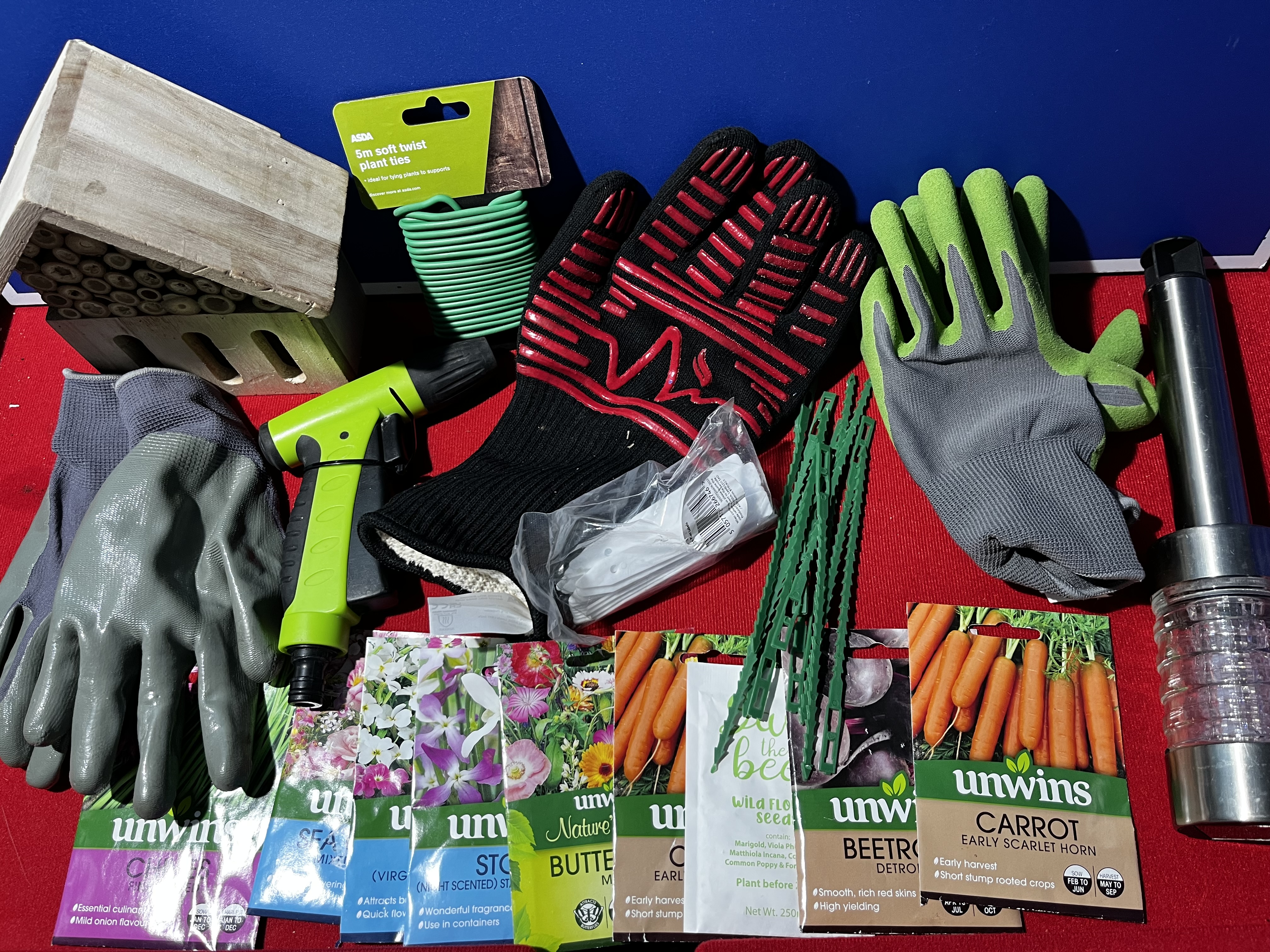 J1/C - Job Lot of Gardening Accessories, Seeds, Gloves, Bug House, Twist Ties, Solar Light + More