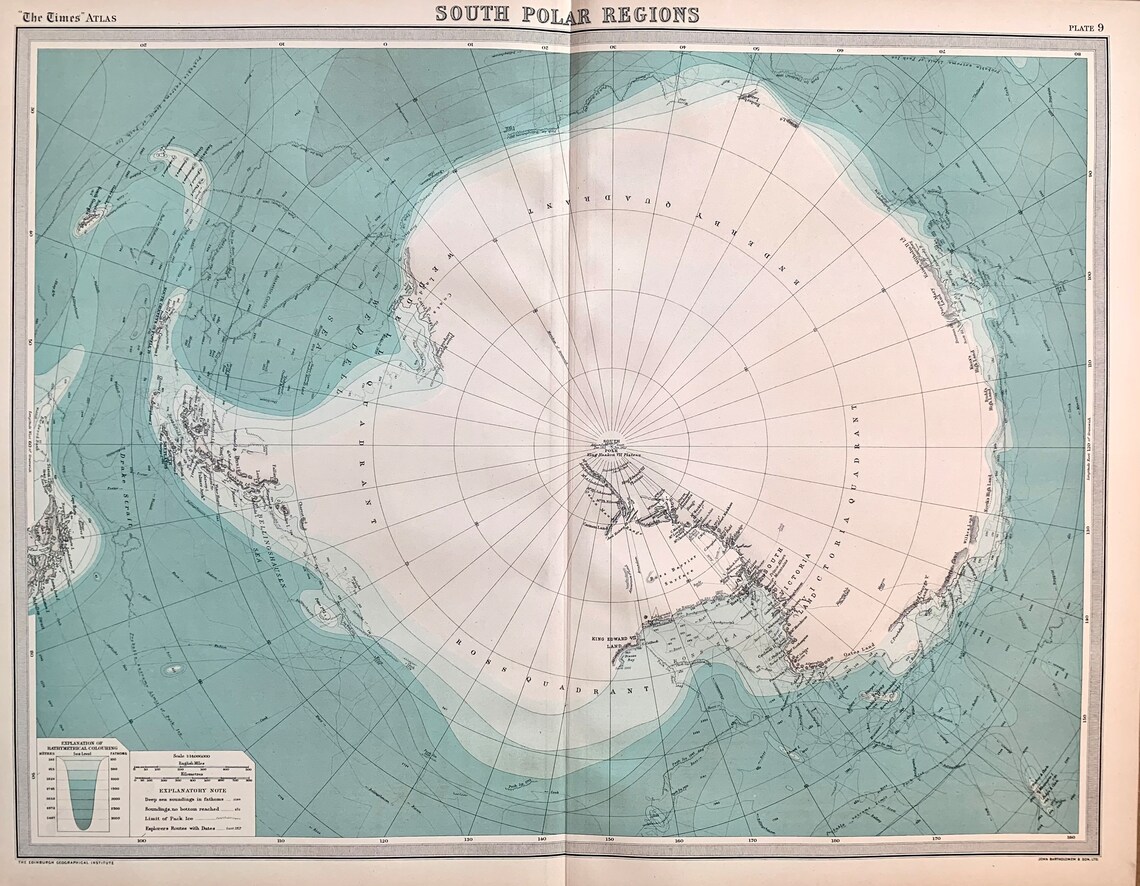 Antique John Bartholomew Map South Polar Regions South Pole, Cape Horn.