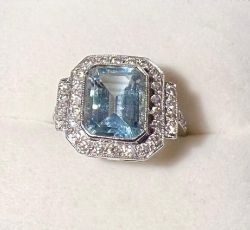 Art Deco Style Aquamarine & Diamond Dress Cocktail Ring 2.30ct + 0.50ct