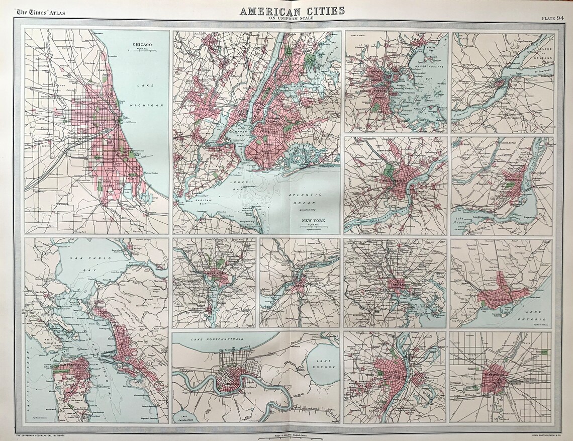 Antique Map American Cities New York Chicago San Francisco Philadelphia Etc.