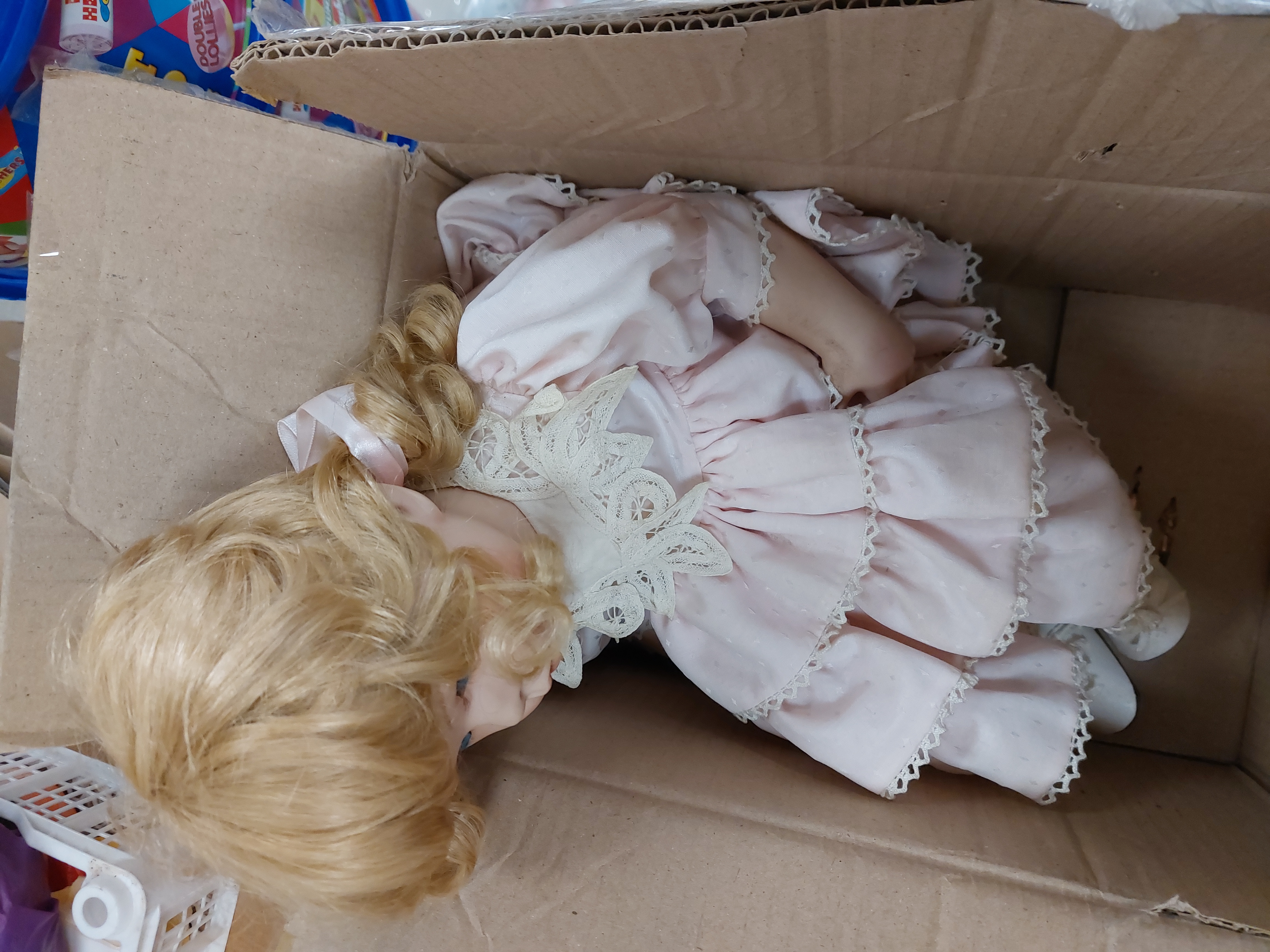 Vintage China doll in pink dress - Image 2 of 4