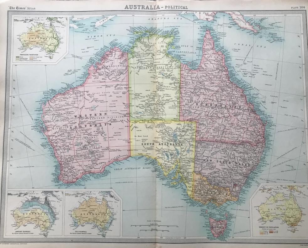 Antique Map Australia Population and Rainfall Outback Sydney Melbourne.