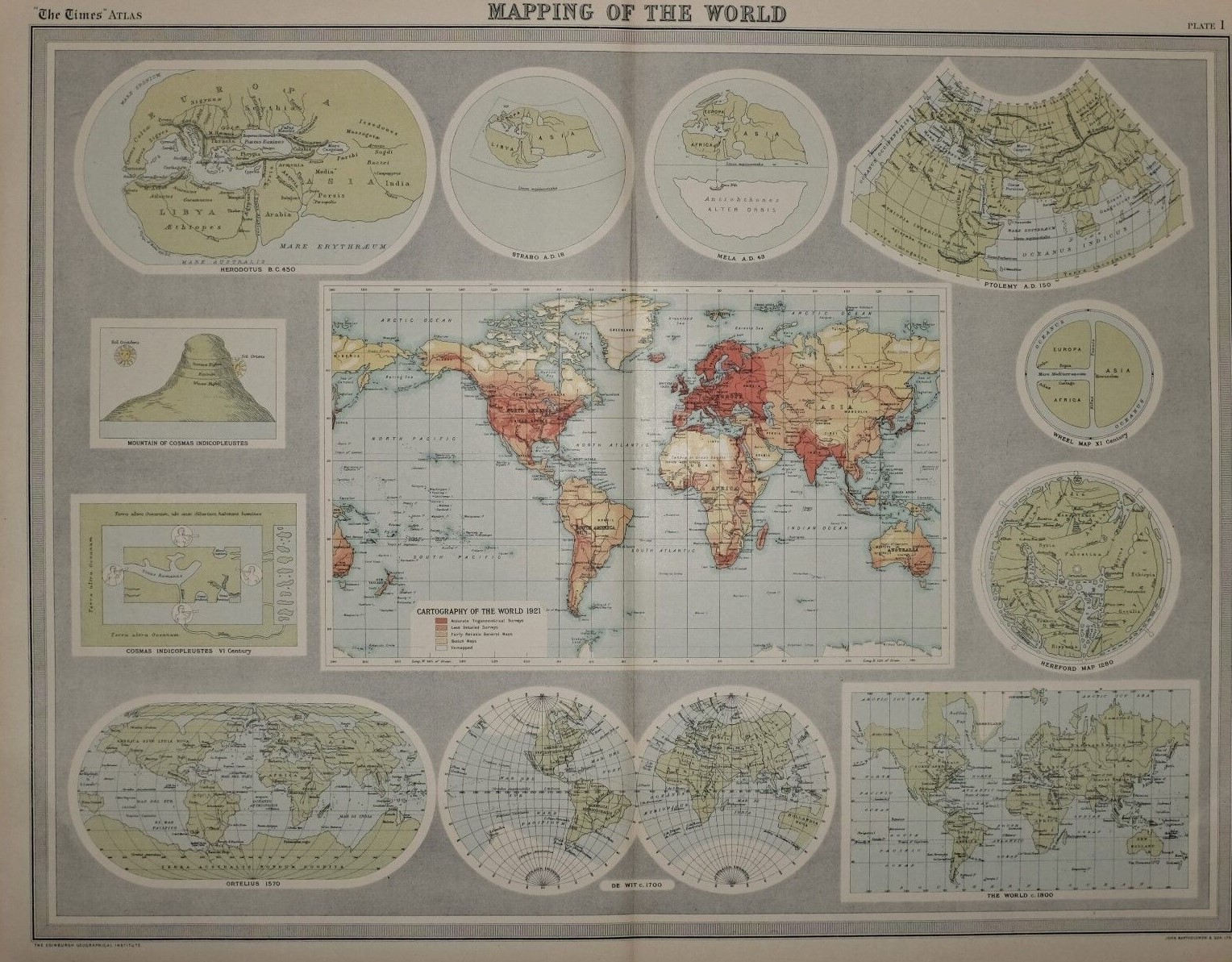 Antique Coloured Detailed The World Cartography Wheel Map.