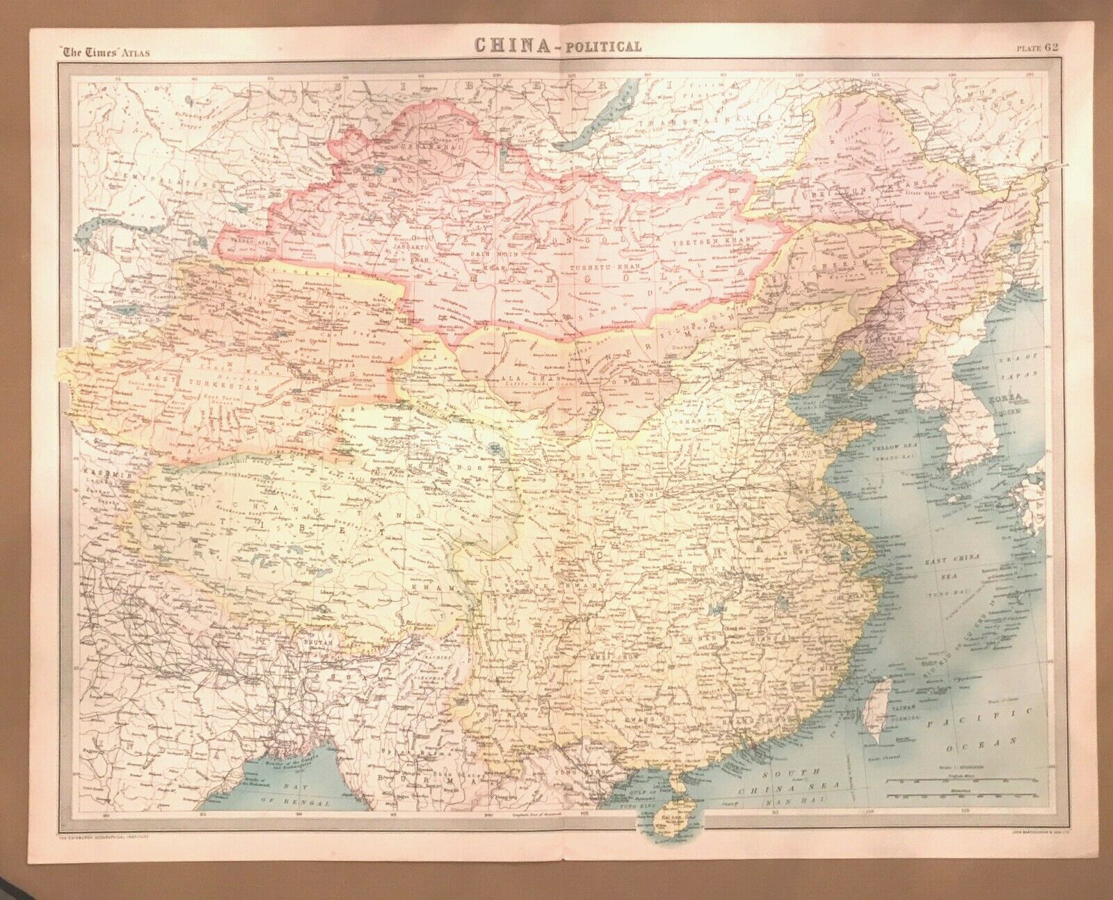 Antique Map China Political Tibet Sin Kiang Inner/Outer Mongolia.