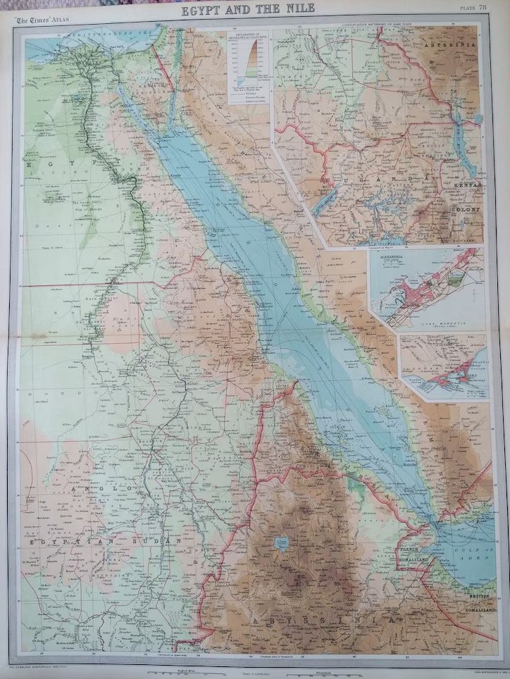 Antique Map Egypt & Nile with inset Maps of Alexandria & Aden Abyssinia Sudan.