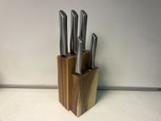 BRAND NEW 5 PIECE STAINLESS STEEL ACACIA WOOD KNIFE BLOCK