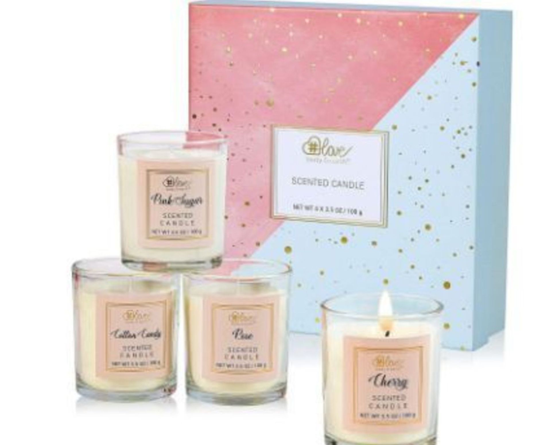 NEW BOXED Sets of 4 #LOVE Scented Candles Gift Set. Includes: Pink Sugar, Cotton Candy, Rose