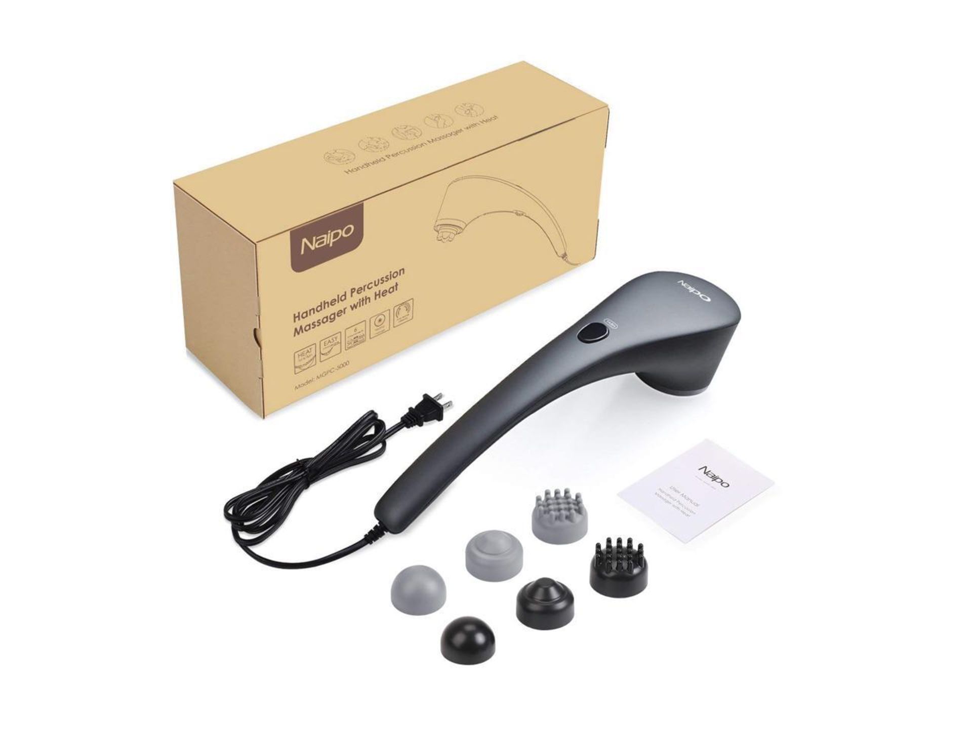 NAIPO Handheld Percussion Massager with Heating 6 Interchangeable Massage Nodes Stepless Speed - Image 4 of 5