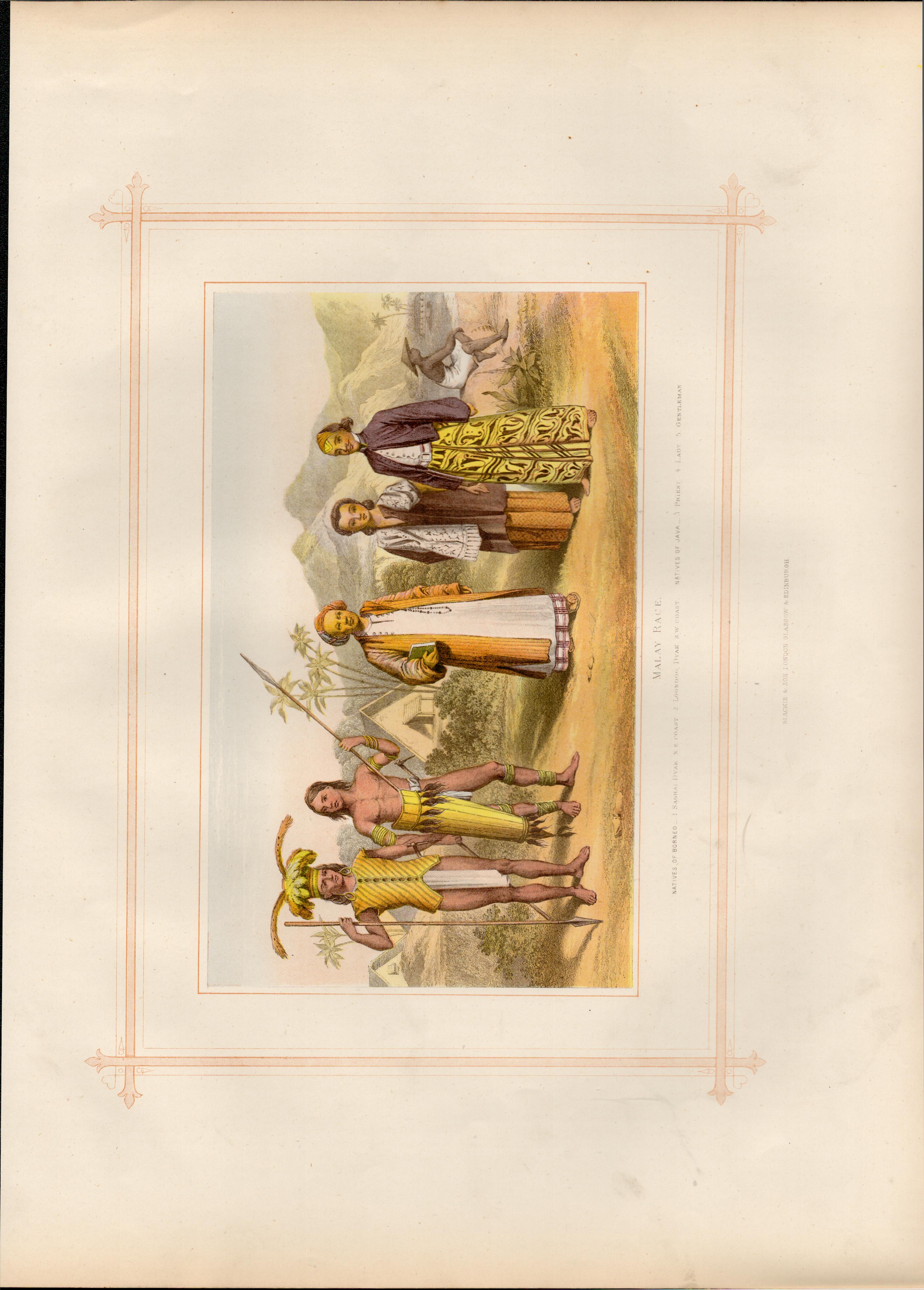 The Malays, Borneo, Java, Races Antique Print By Blackie & Son 1882.