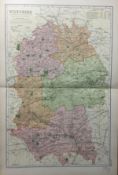 Coloured Antique Large Map County Wiltshire GW Bacon 1904.