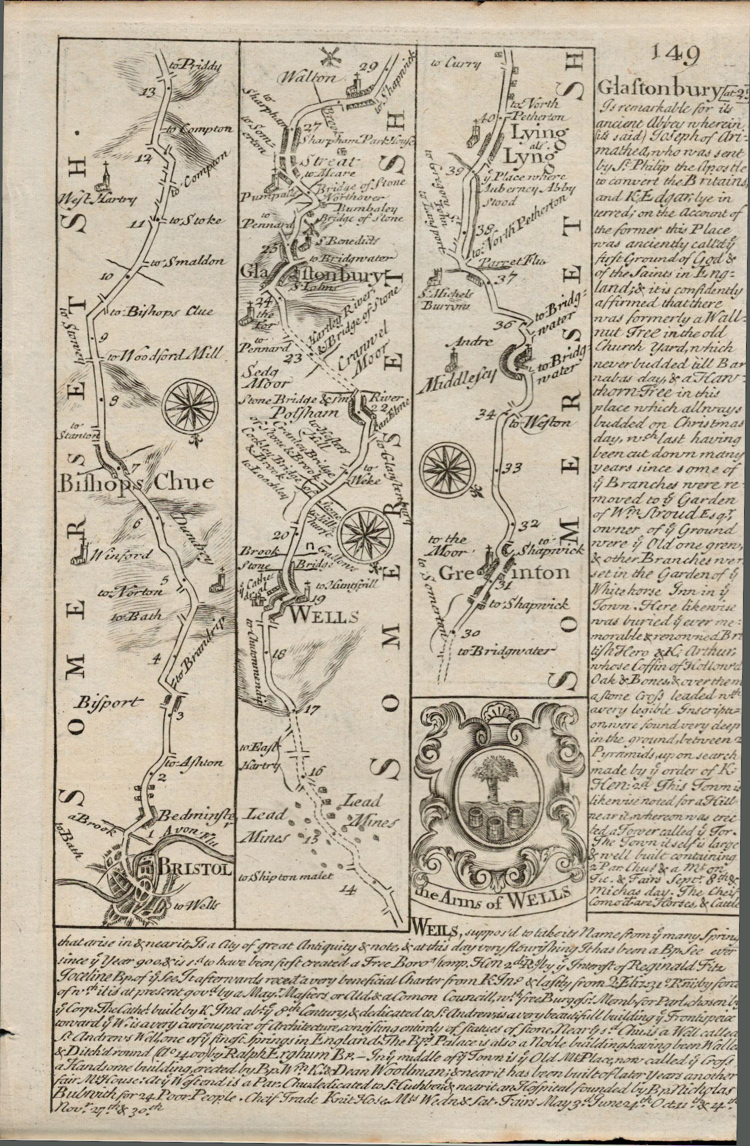 Britannia Depicta E Bowen c1730 Map Glastonbury, Taunton, Wellington, Exeter. - Image 2 of 2