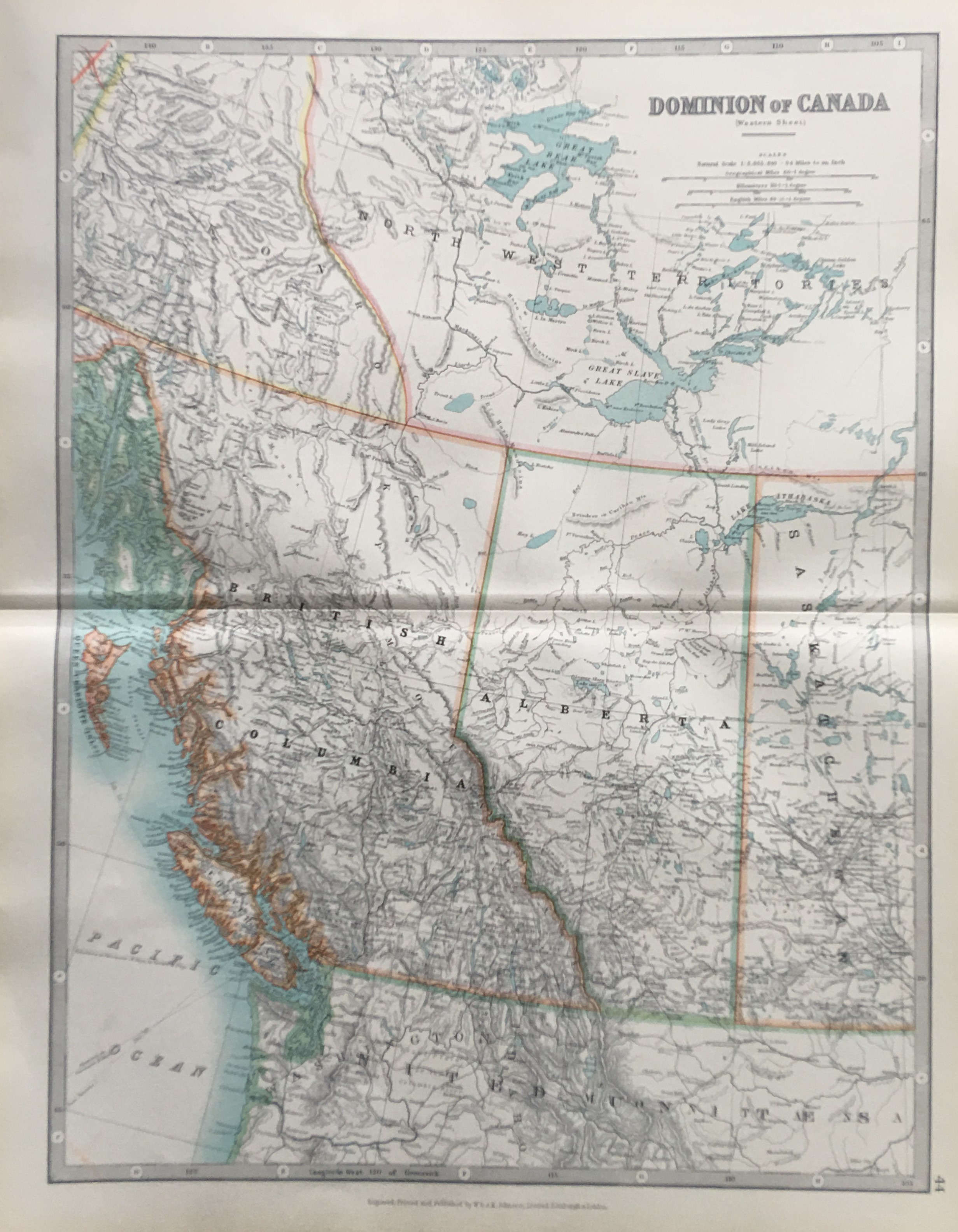 Canada Western British Columbia Alberta Large Antique Map.