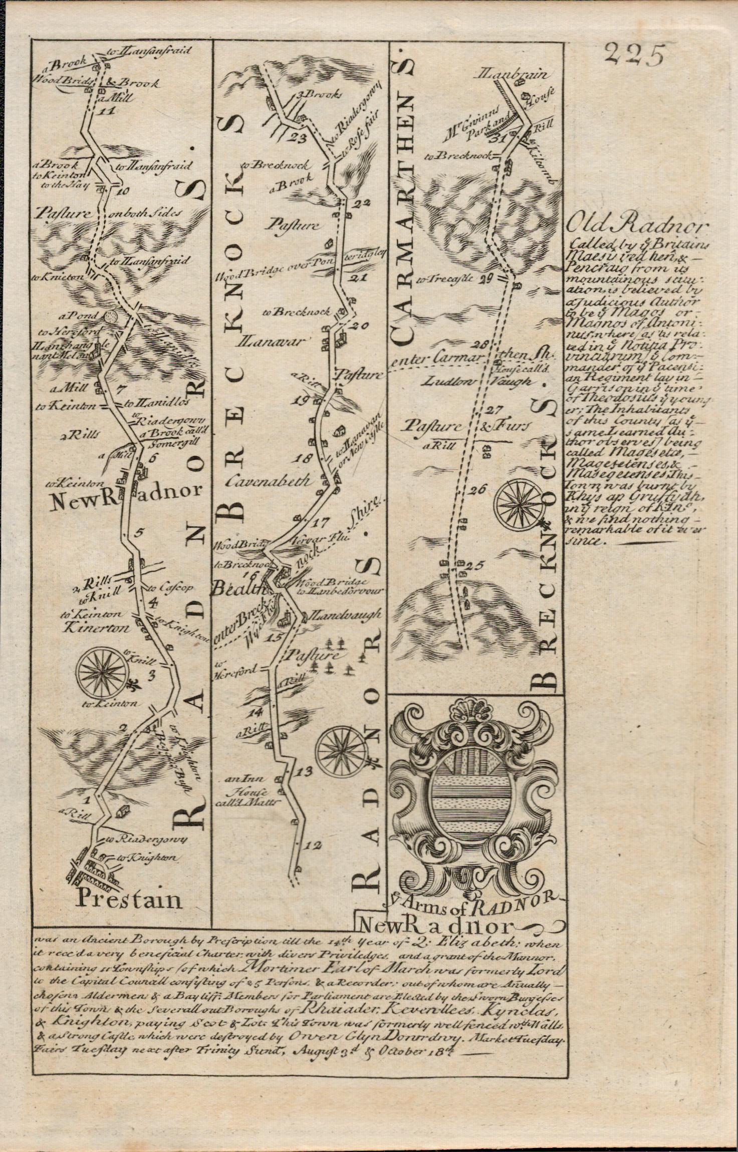 Britannia Depicta E Bowen c1730 Map Wales Presteign Builth Carmarthen Rador. - Image 2 of 2