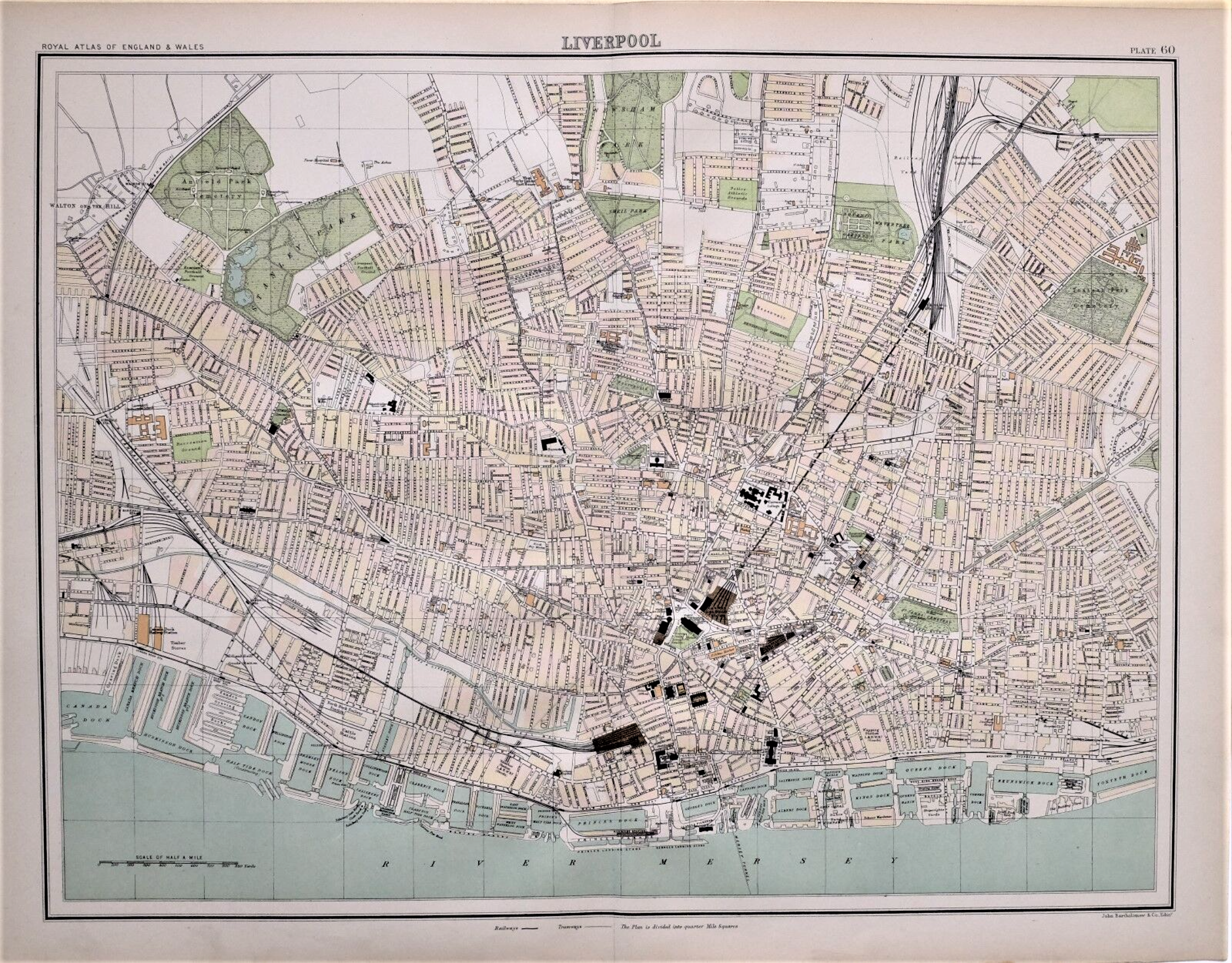 Victorian Antique 1897 Large Map Liverpool City Centre Street Plan.
