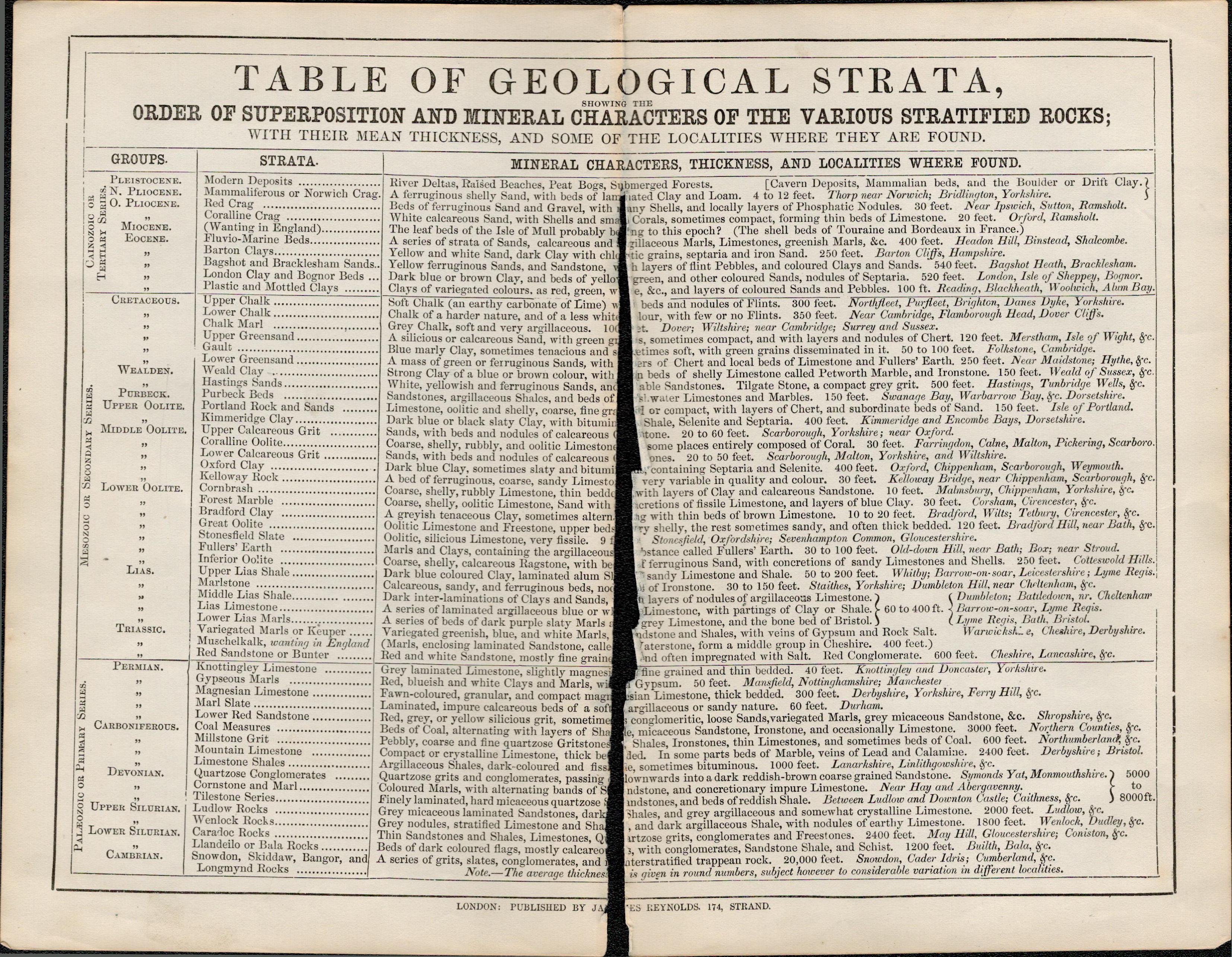 James Reynolds Rare Antique Geology Table of Geological Strata.