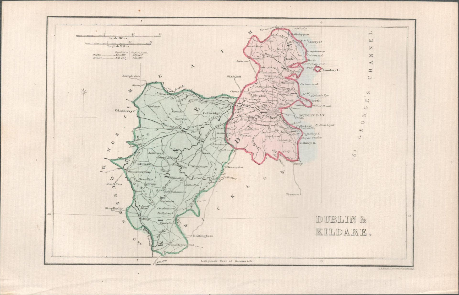 Antique Engraving 1850s Map Dublin & Kildare.