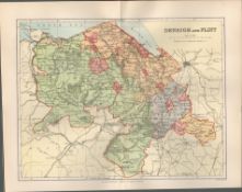Denbigh & Flint Wales Victorian 1894 Coloured Antique Map.