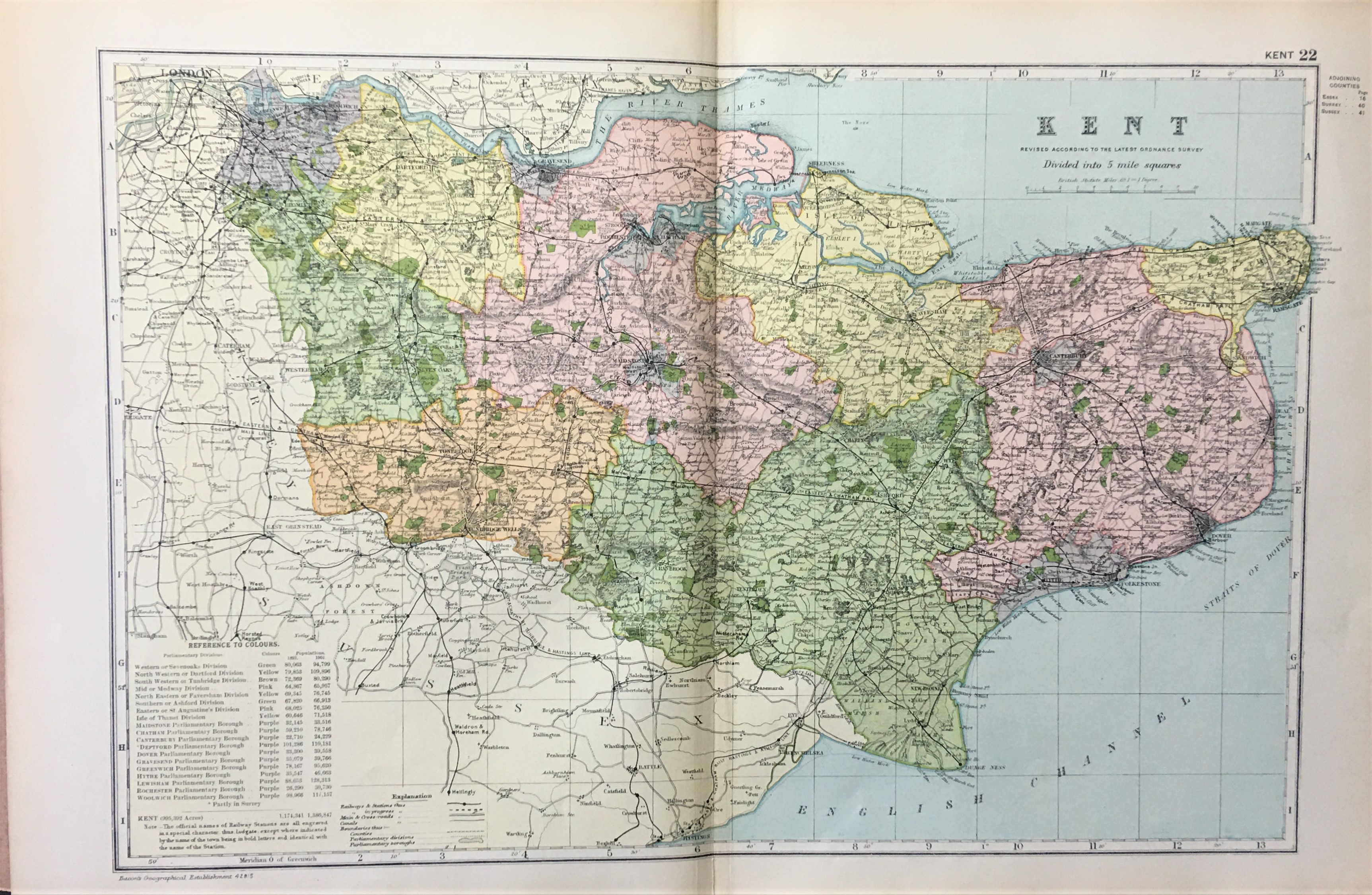 Coloured Antique Large Map County of Kent GW Bacon 1904.