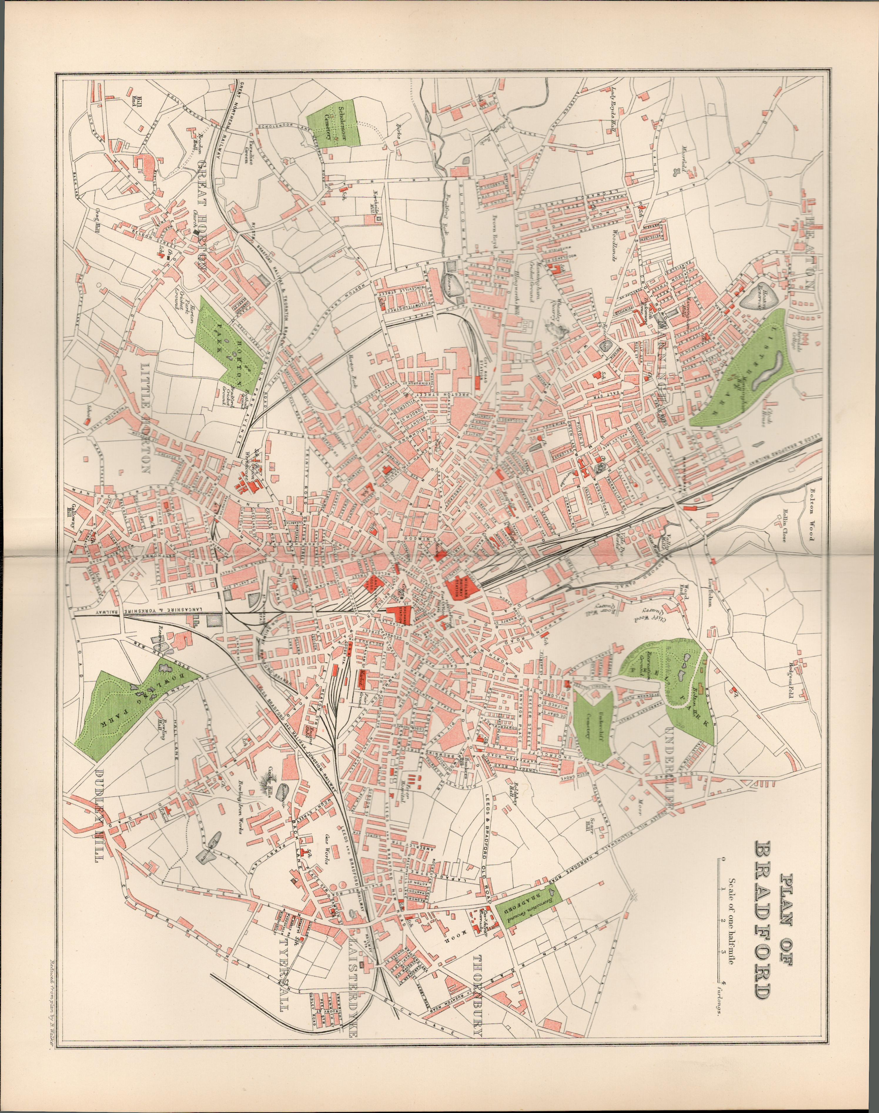 Plan Of Bradford Victorian 1894 Coloured Antique Map.