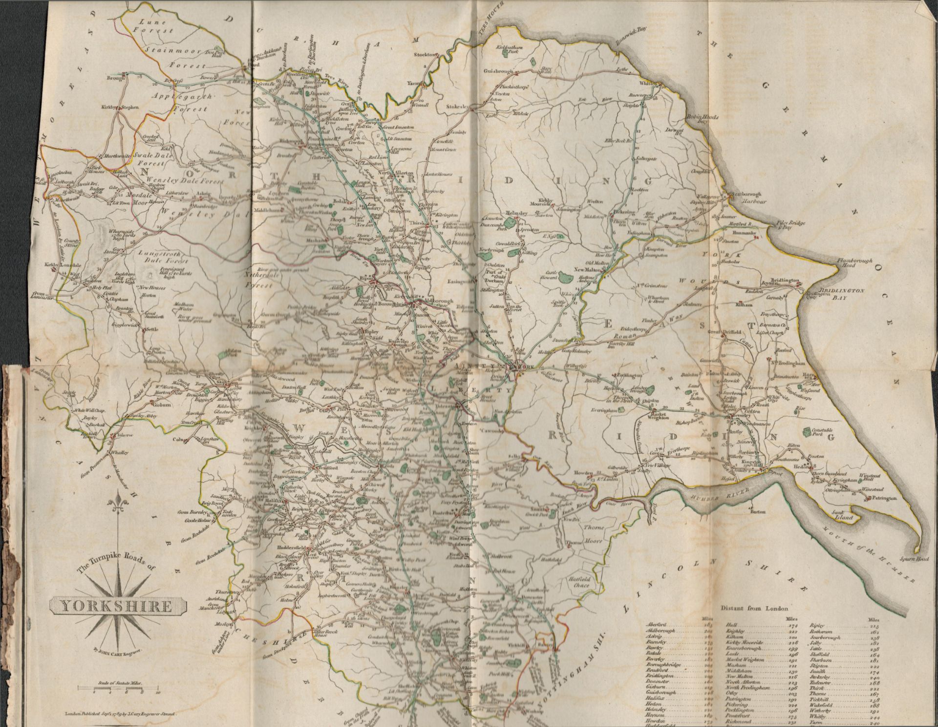 John Carys Large Rare 1791 Copper Plate Engraved Folding Map of Yorkshire.