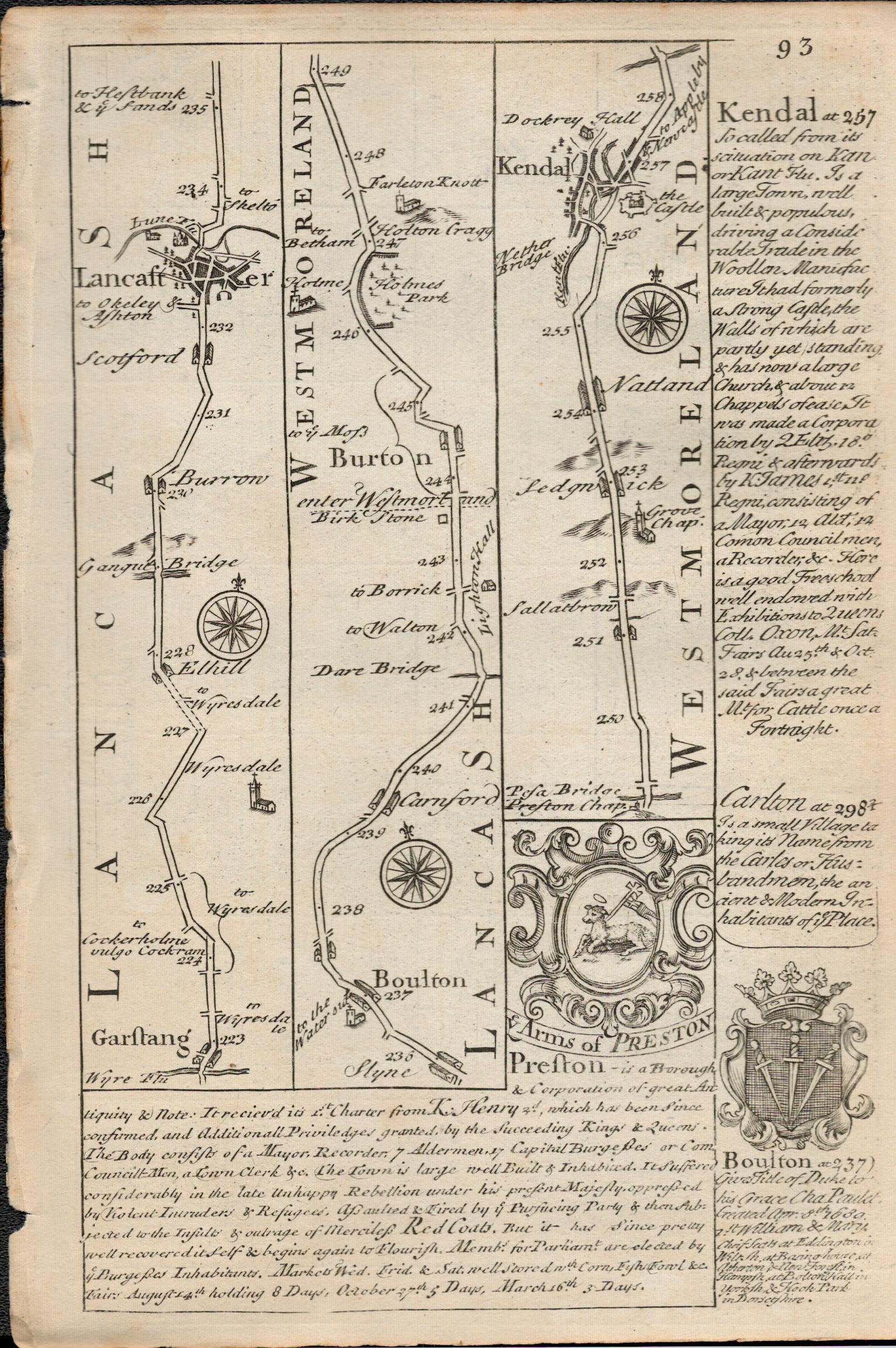 Britannia Depicta E Bowen Rare c1730 Map Lancaster Preston Kendal Penrith Carlisle Etc.