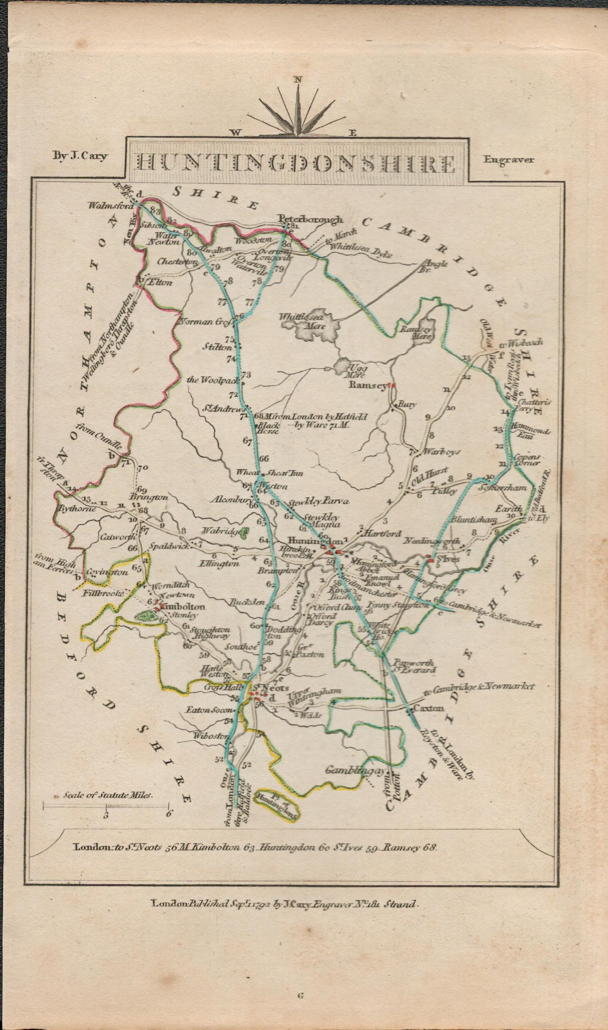 John Carys 1791 Rare 230 Yrs Old Antique Engraved Map Kent & Huntingdonshire - Image 2 of 2