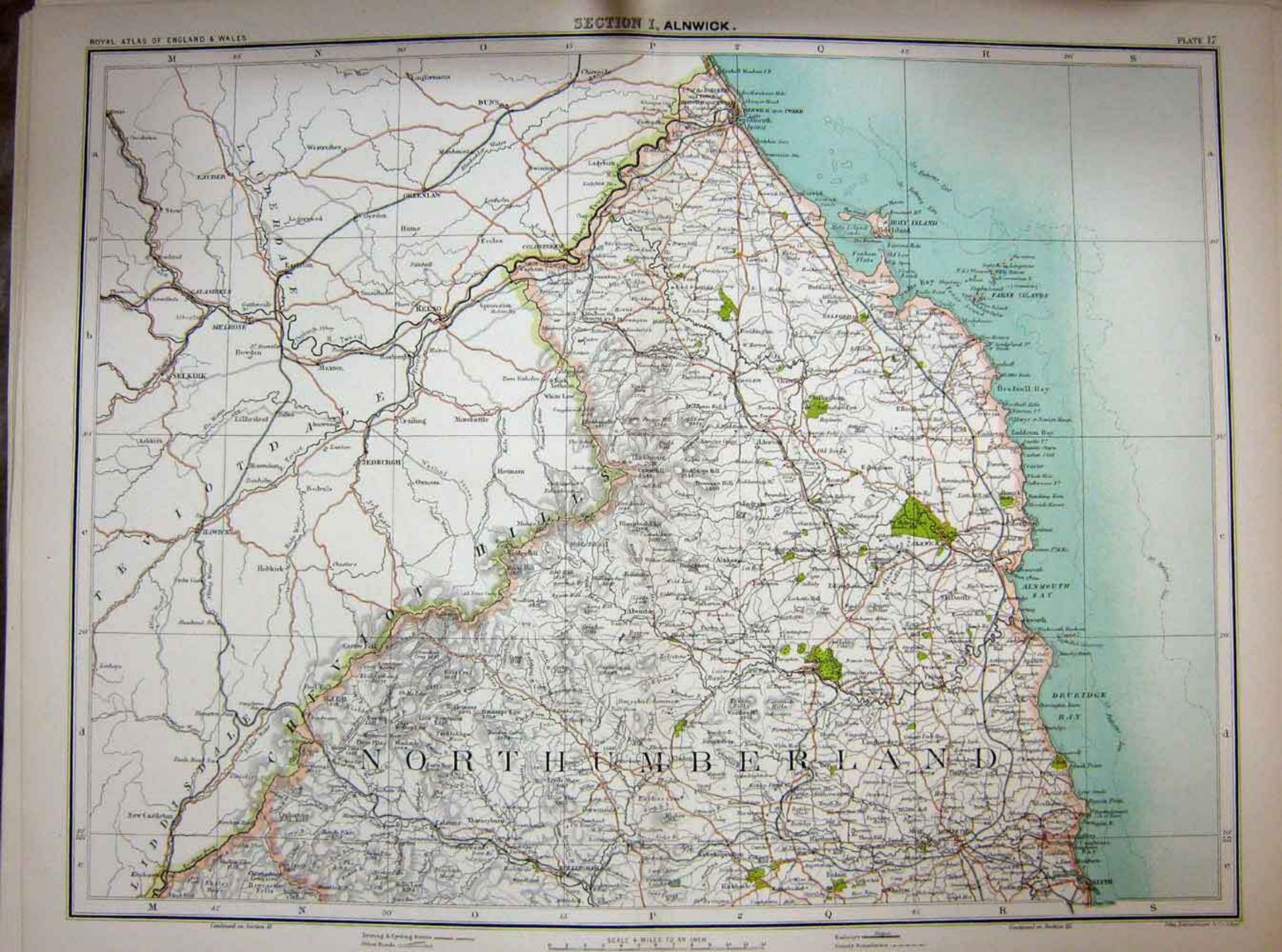 Victorian 1897 Map Northumberland, Alnwick, Holy Island, Berwick, Blyth.