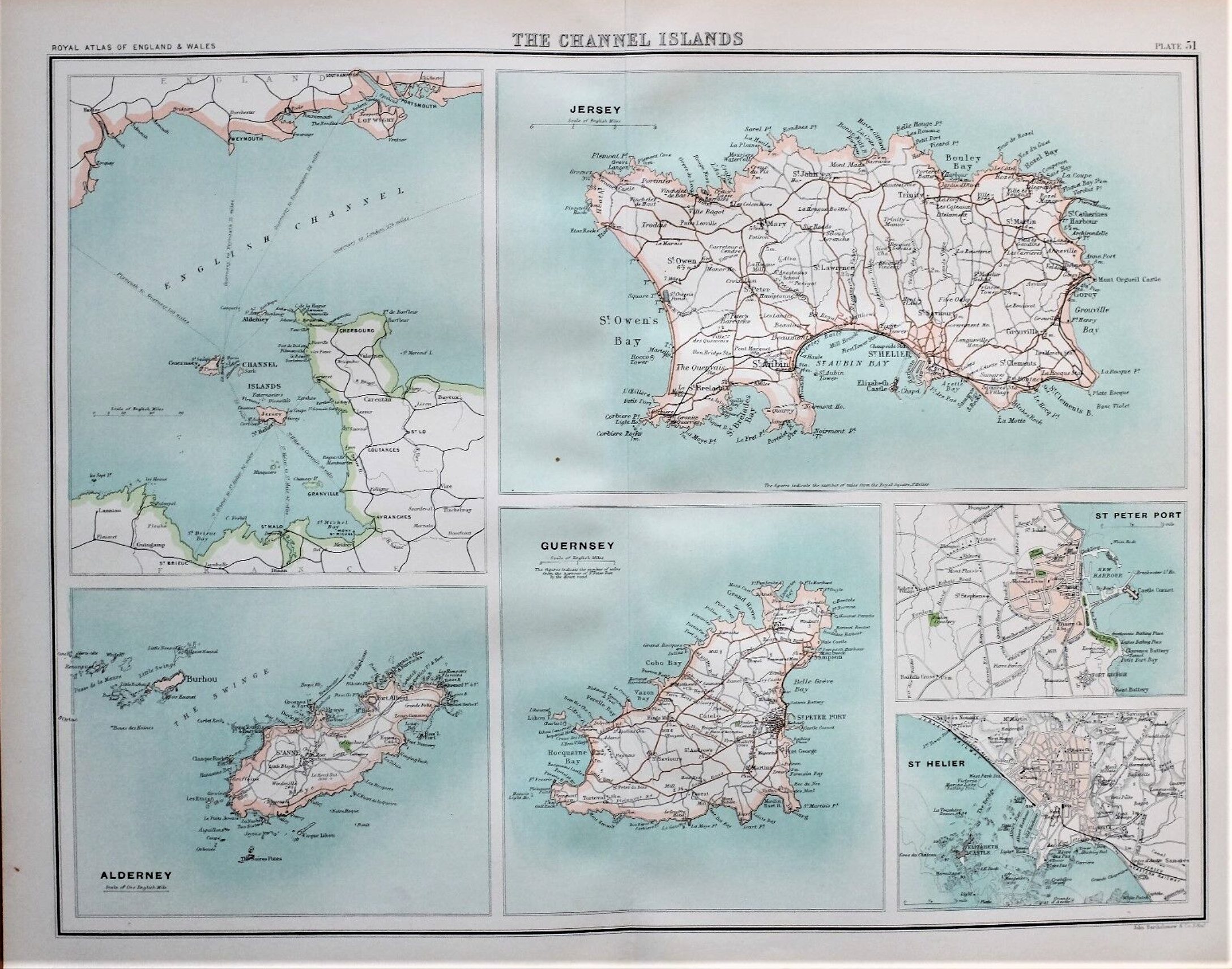 Victorian 1897 Map Channel Islands Jersey Guernsey St Peters Alderney St Hellier.