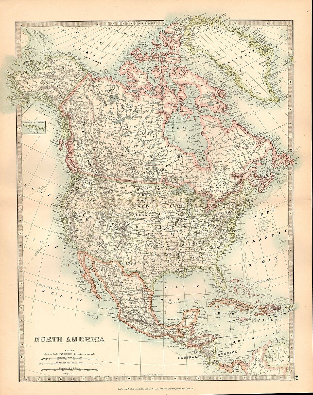 North America Canada Montreal Ontario Alaska Montana Large Coloured Antique Map.