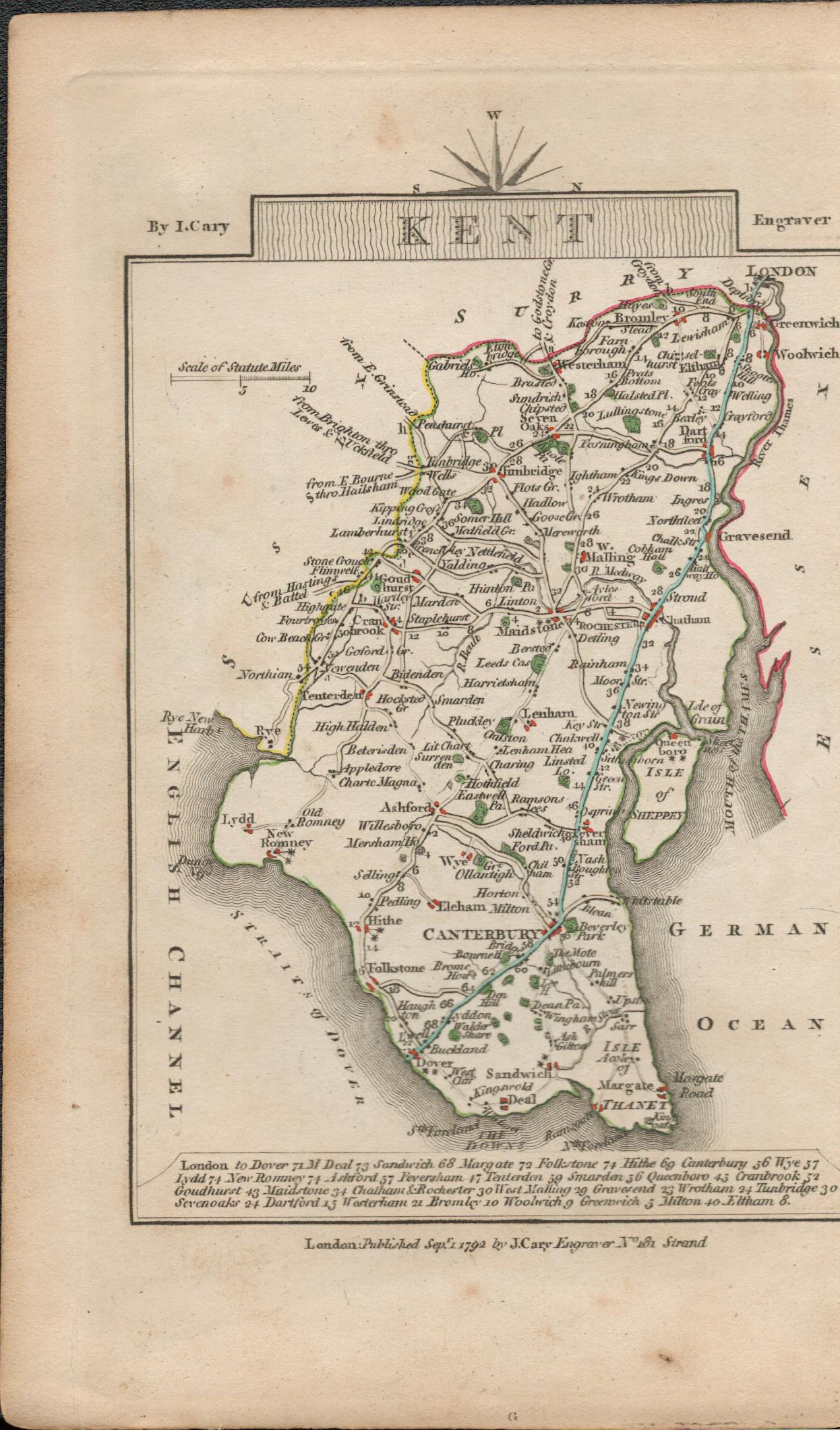 John Carys 1791 Rare 230 Yrs Old Antique Engraved Map Kent & Huntingdonshire