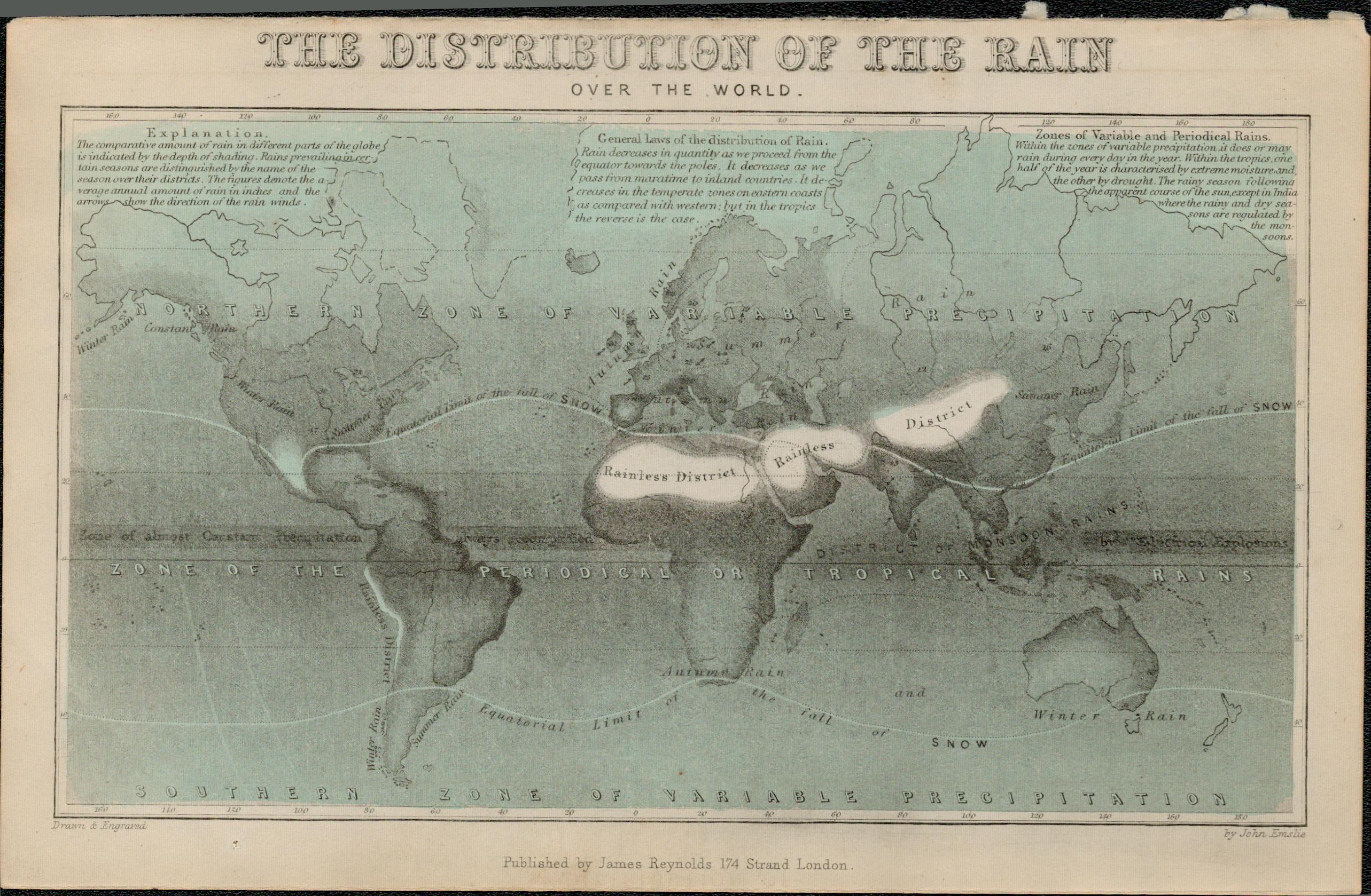 Rare James Reynolds Antique Geological Distribution of the Rain.