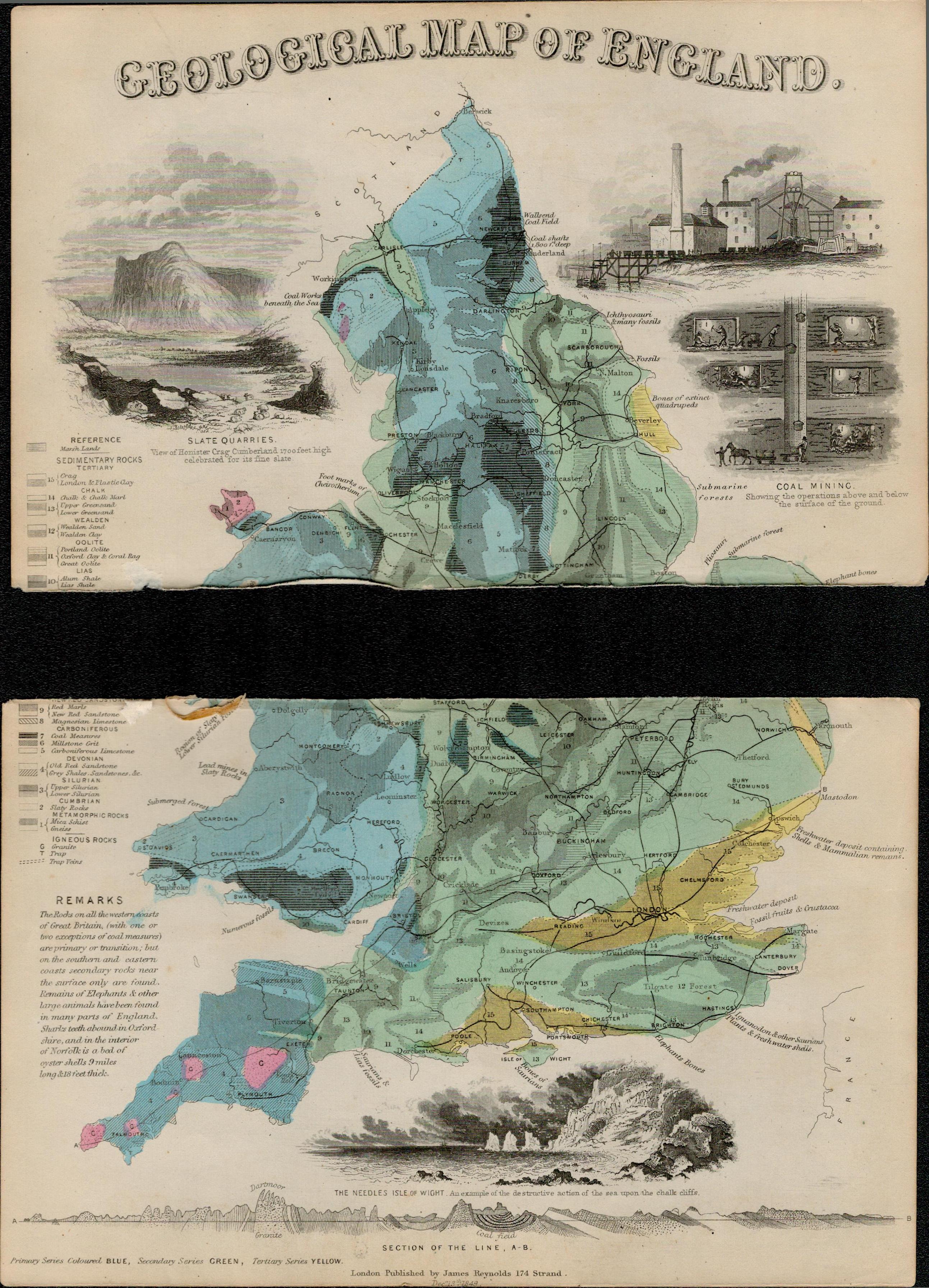 Rare James Reynolds Antique Geological Map Of England.
