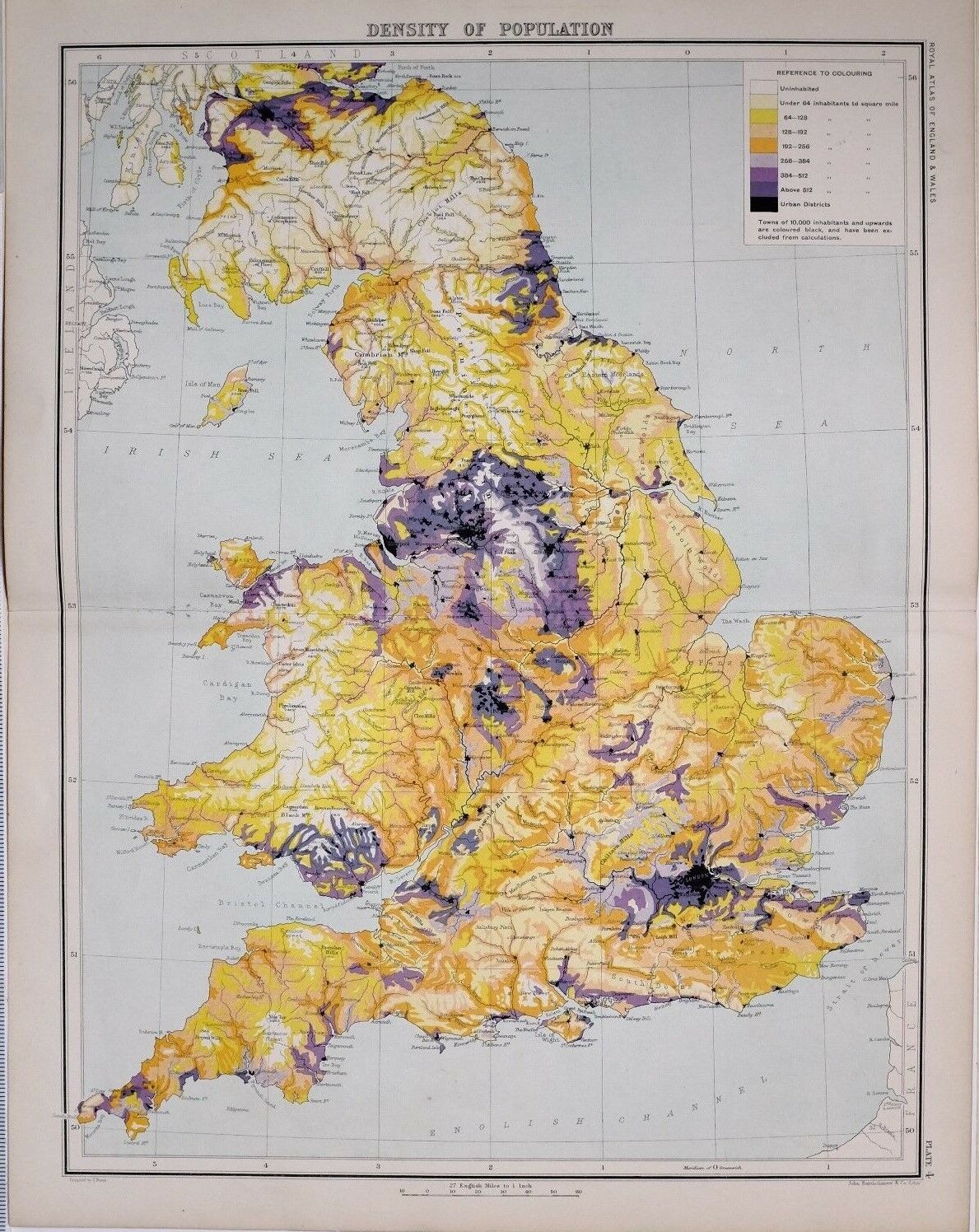Victorian Antique 1897 Map Density of Population England & Wales.