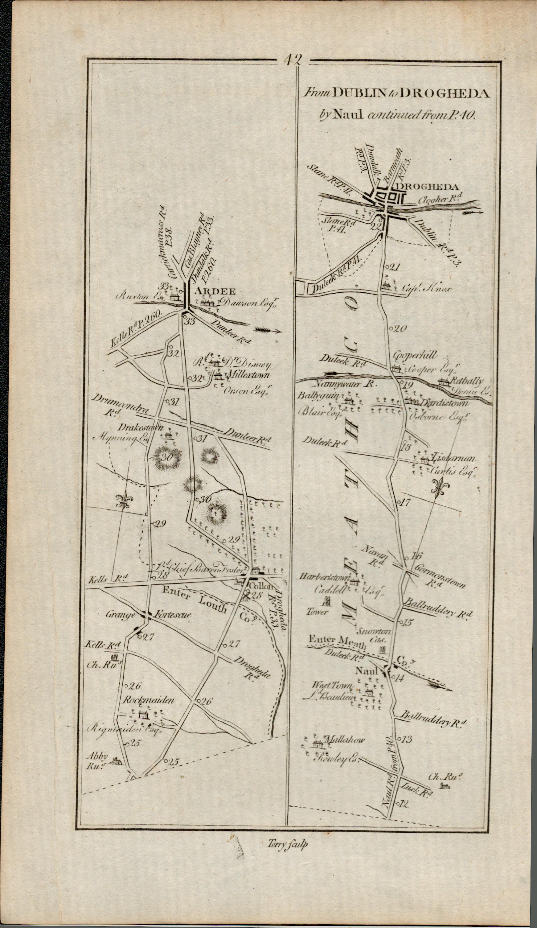 Taylor & Skinner 1777 Ireland Map Slane Drogheda Dunleek Ardee Naul Co Meath.