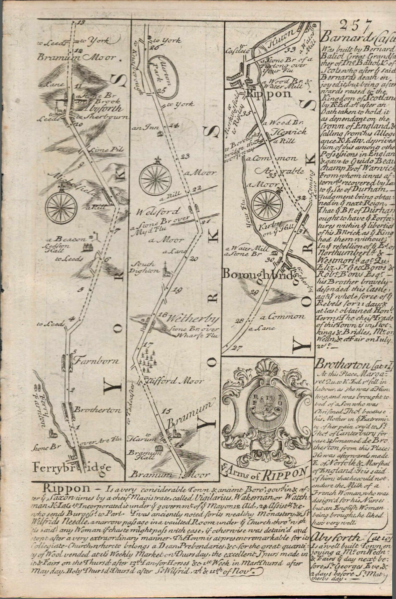 Britannia Depicta E Bowen c1730 Map Yorkshire Wakefield Ripon Pontefract Etc. - Image 2 of 2